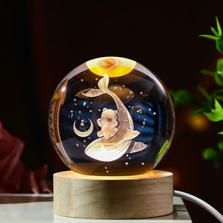 3D Crystal Ball Lamp with Wooden Base Bear and Dolphins Galaxy Models Night Lamp-image-25