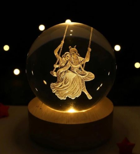 Premium 3D Radha Krishna Crystal Ball Night Lamp with Warm Wooden LED Base Table Lamp-image-29