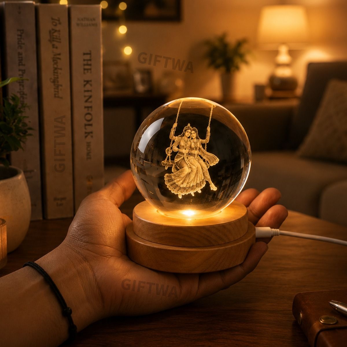 giftwa Rotating Radha Krishna Crystal Night Lamp | USB LED Wooden Base Home Decor Lamp Table Lamp-picture-27
