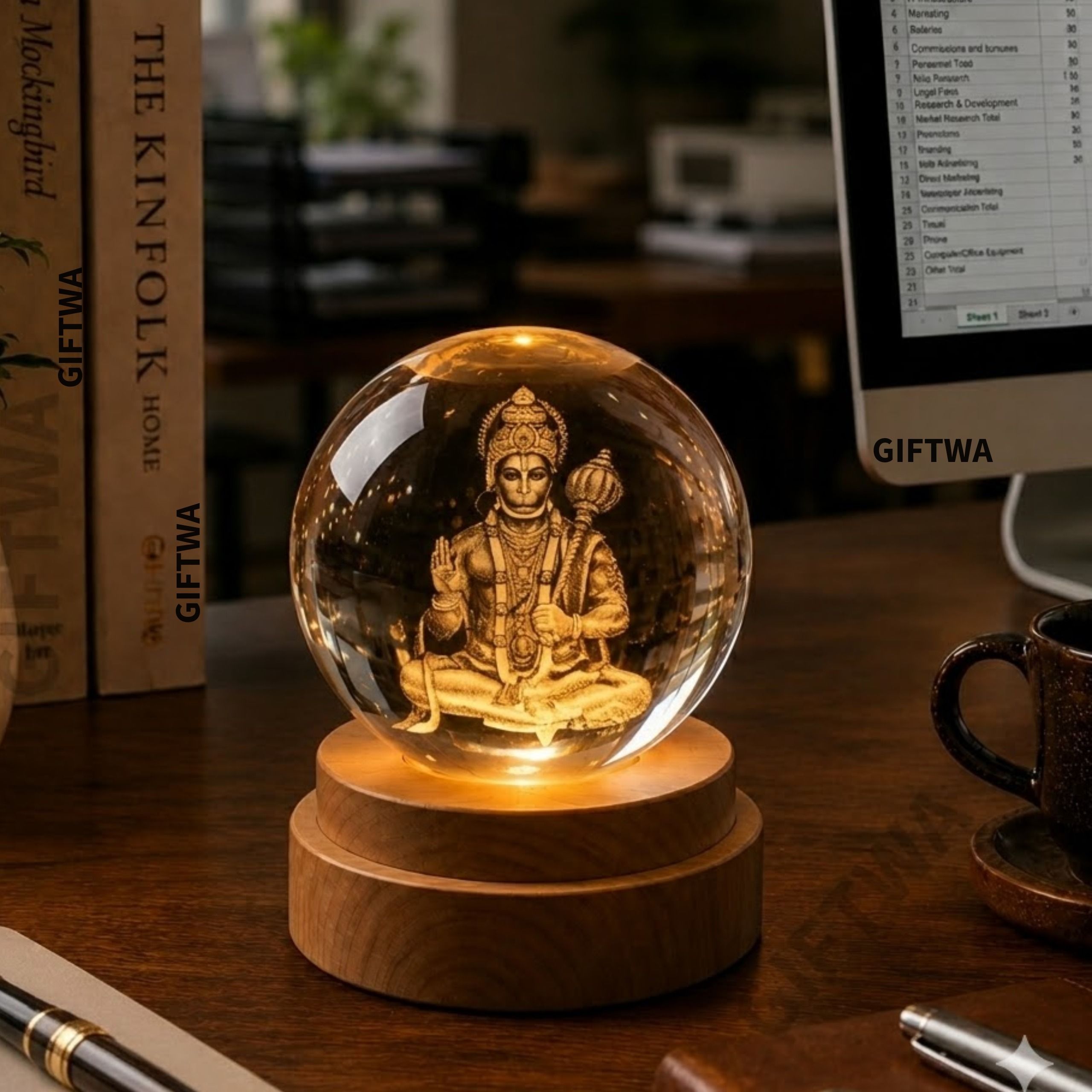 giftwa Lord Hanuman Crystal Ball LED Night Lamp with USB Rotating Base Home Decor Light Table Lamp-picture-26