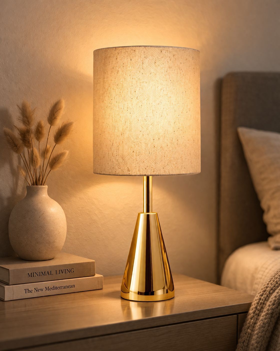 Luxe Gold Cone Lamp, Beige Drum Shade, E27 Bedside & Study lamp Table Lamp-image-14