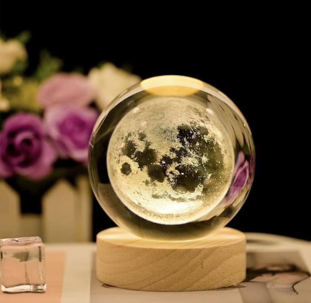 3D Moon Crystal Ball Night Lamp,Creative Engraved Crystal Ball Night Light Night Lamp