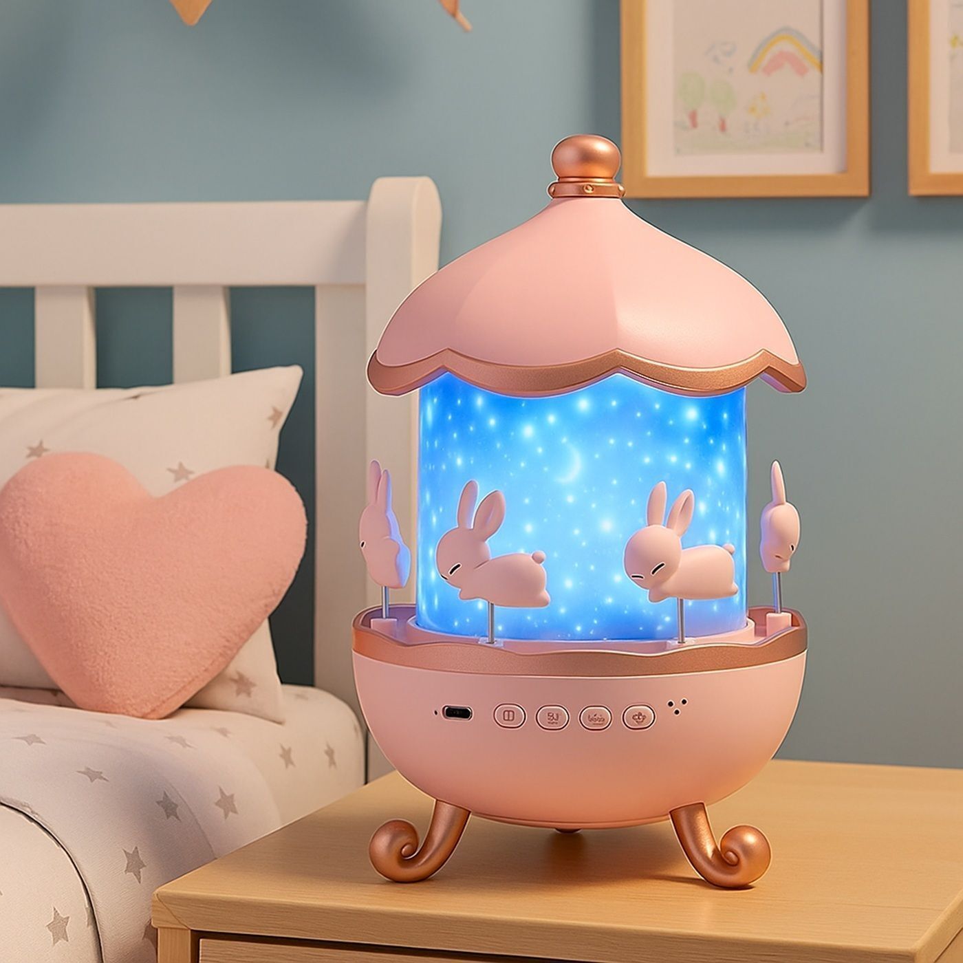 Bunny Carousel Night Light Projector Lamp | 6 Film Shade Rotatable Cabin LED Night Lamp-image-48