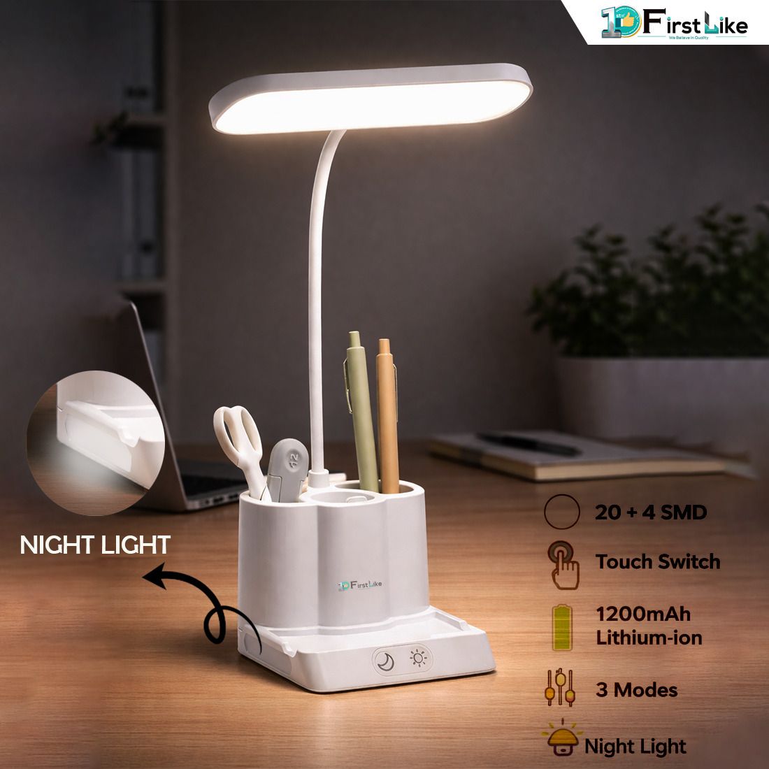 firstlike 3 Colour Mode Rechargeable With Night Light, Flexible Gooseneck LED Table /Desk Study Lamp-picture-12