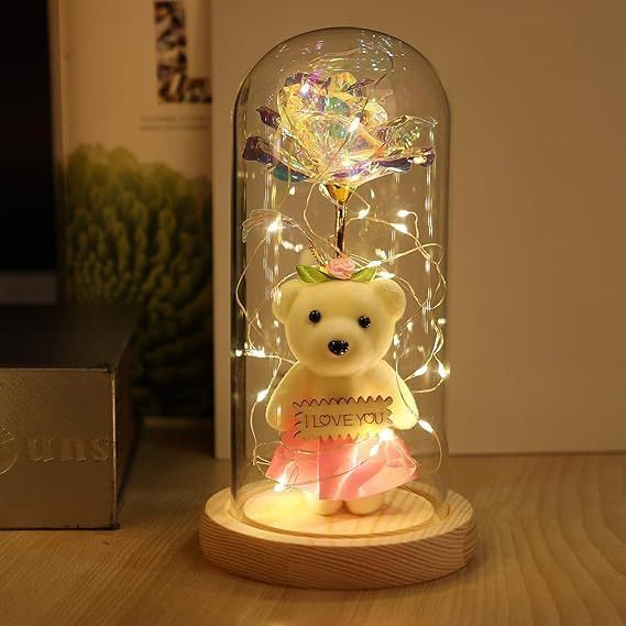 dwiza enterprise Artificial Teddy Bear in Glass Dome,Rose Light Up Flower, Personalized Gift Night Lamp-picture-12