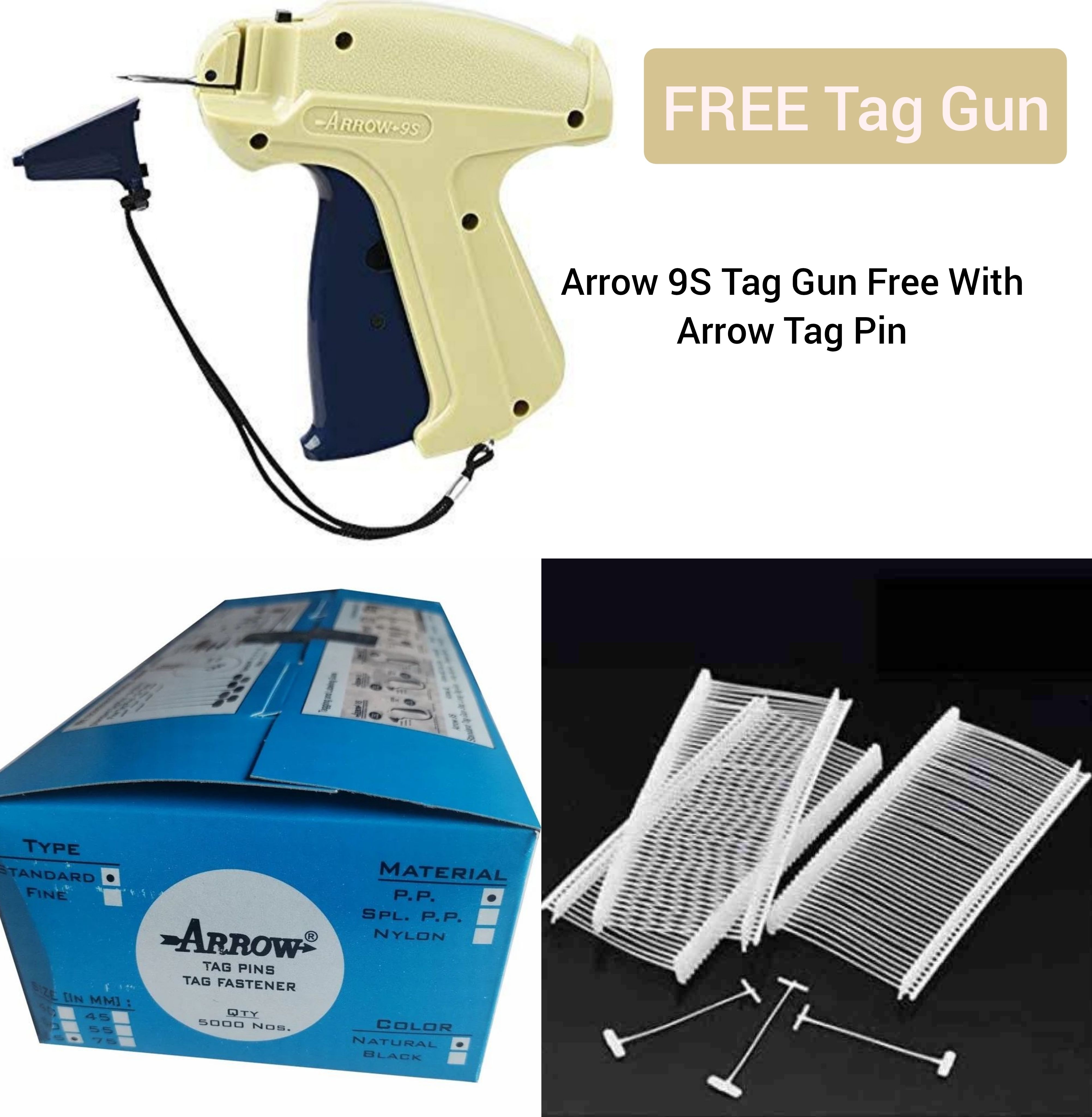 Arrow 65 MM Tag Pin(5000 Pcs) with Free Arrow 9S Tag Gun Taging Gun