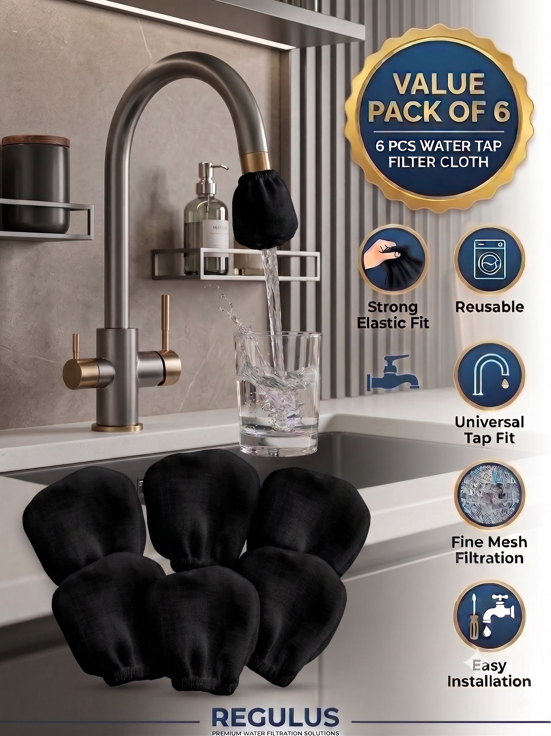 regulus 6 Piece Elastic Fit Tap Filter: Reusable Double Layer Washable Cotton Cloth Tap Mount Water Filter-picture-45