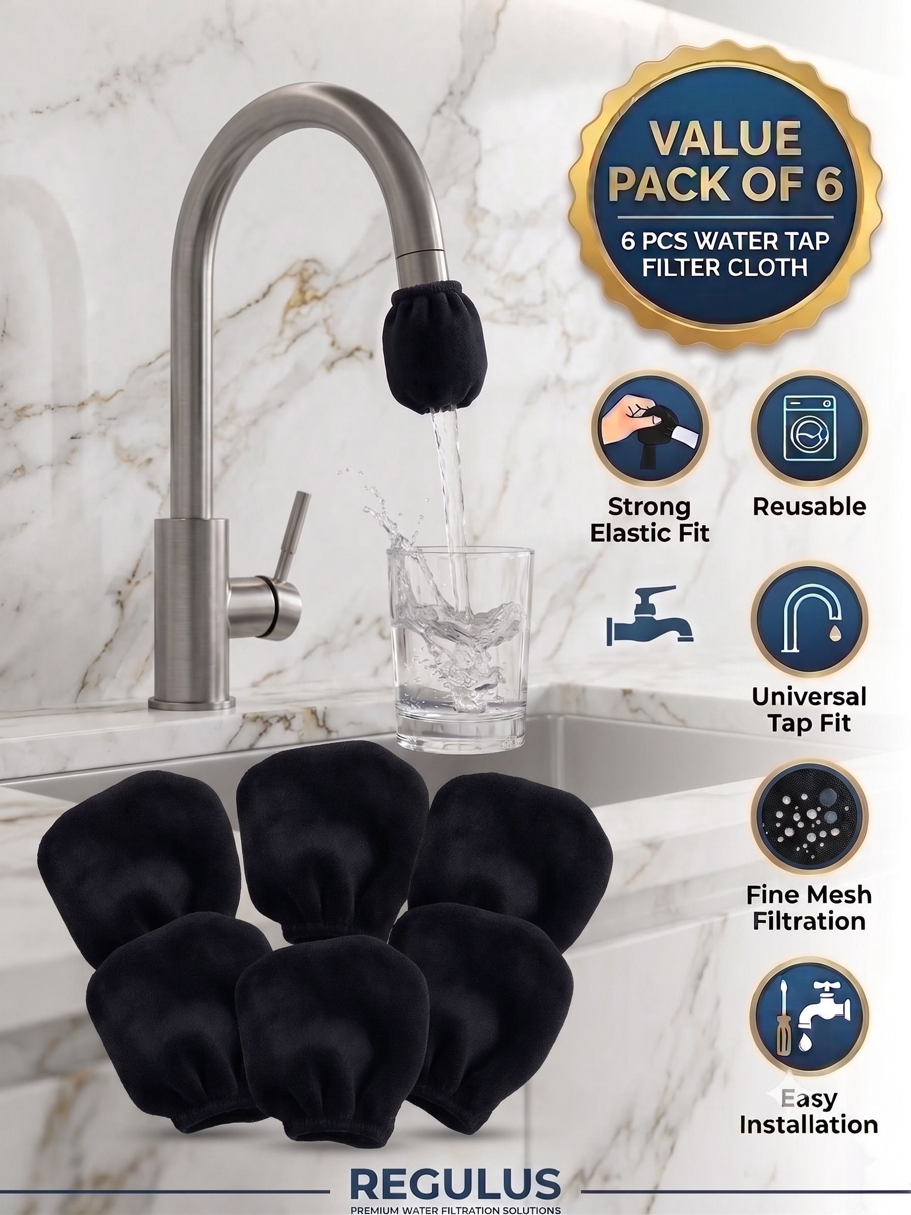 regulus 6 Black Elastic Fit Tap Filter: Reusable Double Layer Washable Cotton Cloth Tap Mount Water Filter-picture-32