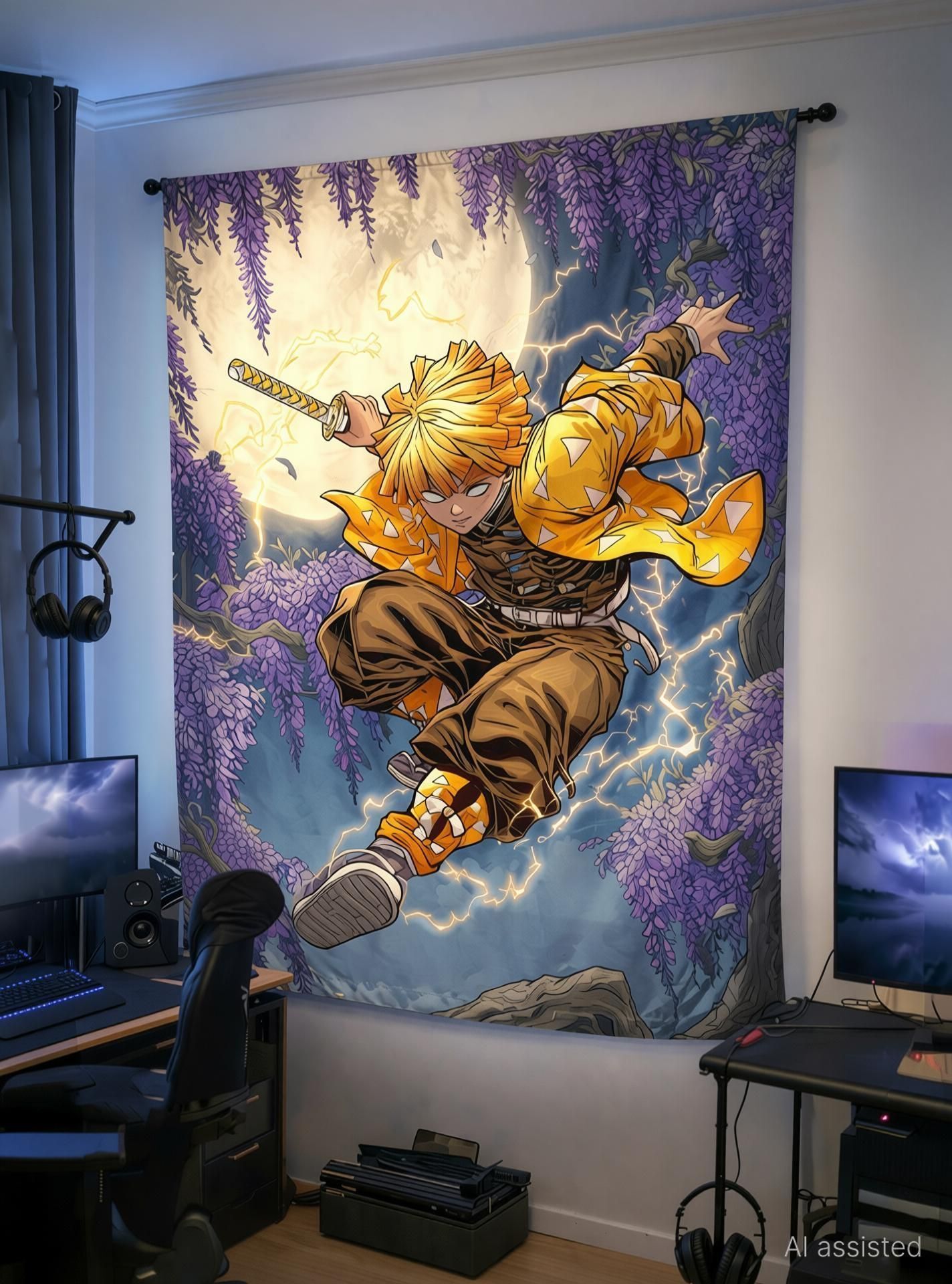 comicsense Demon Slayer Anime Thunder Warrior Printed Anime Tapestries Anime Theme Curtain Bedsheet for Wall Hanging Home Decor Bedroom - 80 X 51 Inch Tapestry-picture-11