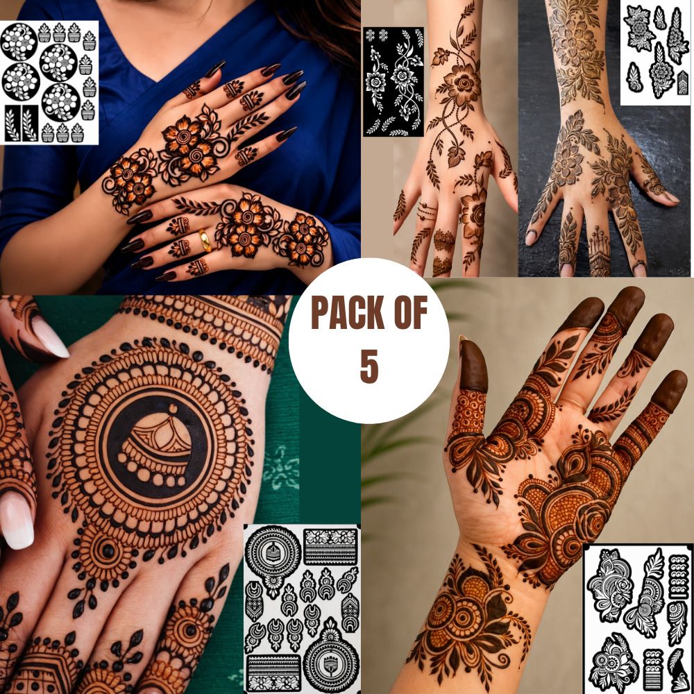 PACK OF 5 HENNA STENCIL FOR WOMENS , BRIDAL STENCIL FOR GIRLS Temporary Tattoo Kit-image-1