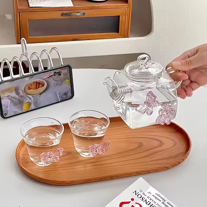 Transparent Borosilicate Glass Teapot & 2 Cups Set with Butterfly Design Tea Urn-image-30