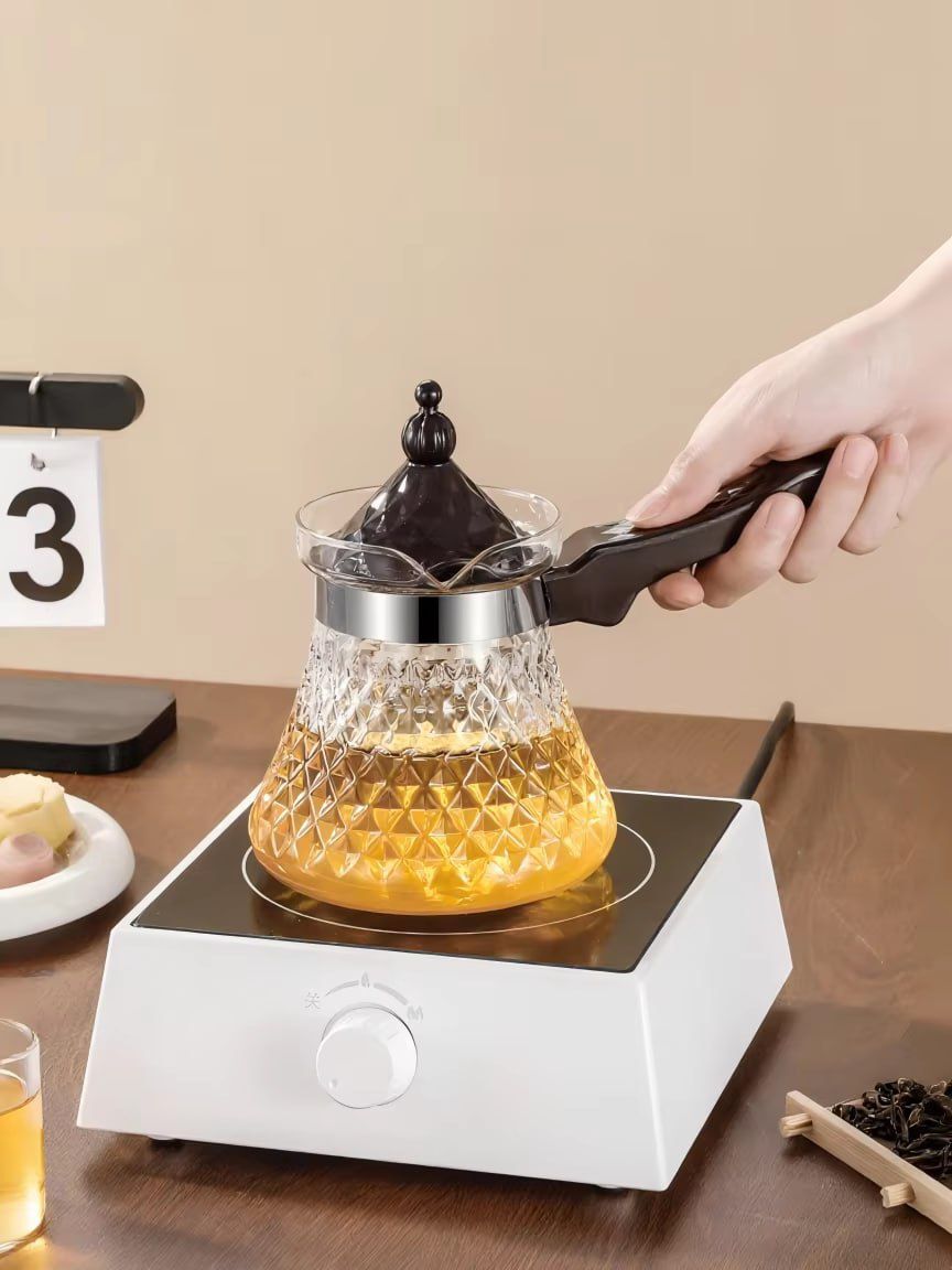 Luxury Glass Teapot Kettle 1000ml Diamond Cut Design with Long Handle Tea Urn