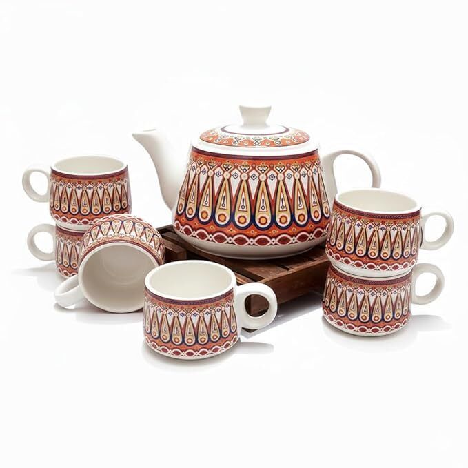 Ceramic Tea Set with Kettle & 6 Cups | Ethnic Designer Ceramic Tea Set Tea Urn-image-1