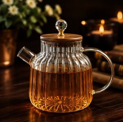 Premium Ribbed Glass Teapot 1.5L with Wooden Lid for Tea & Herbal Drinks Tea Urn-image-13