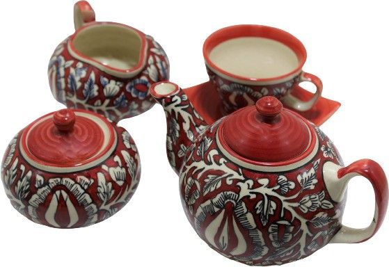 Ceramic Handmade Red Colour Mughal Art Tea Set of 9 Pieces, Made in India, Set of 2 Tea Cup and Coaster with Tea, Milk and Sugar Pot, Tea Urn-image-12