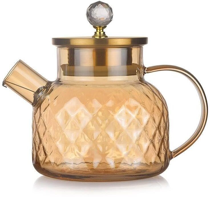 Diamond-Cut Borosilicate Glass Teapot with Golden Lid & Crystal Knob Tea Urn-image-16