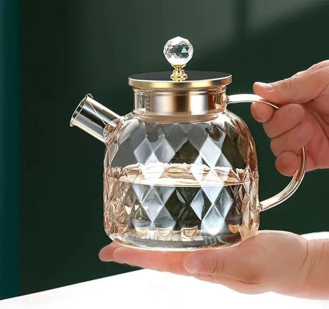 Amber Diamond Glass Teapot with Gold Lid & Infuser Tea Urn-image-44