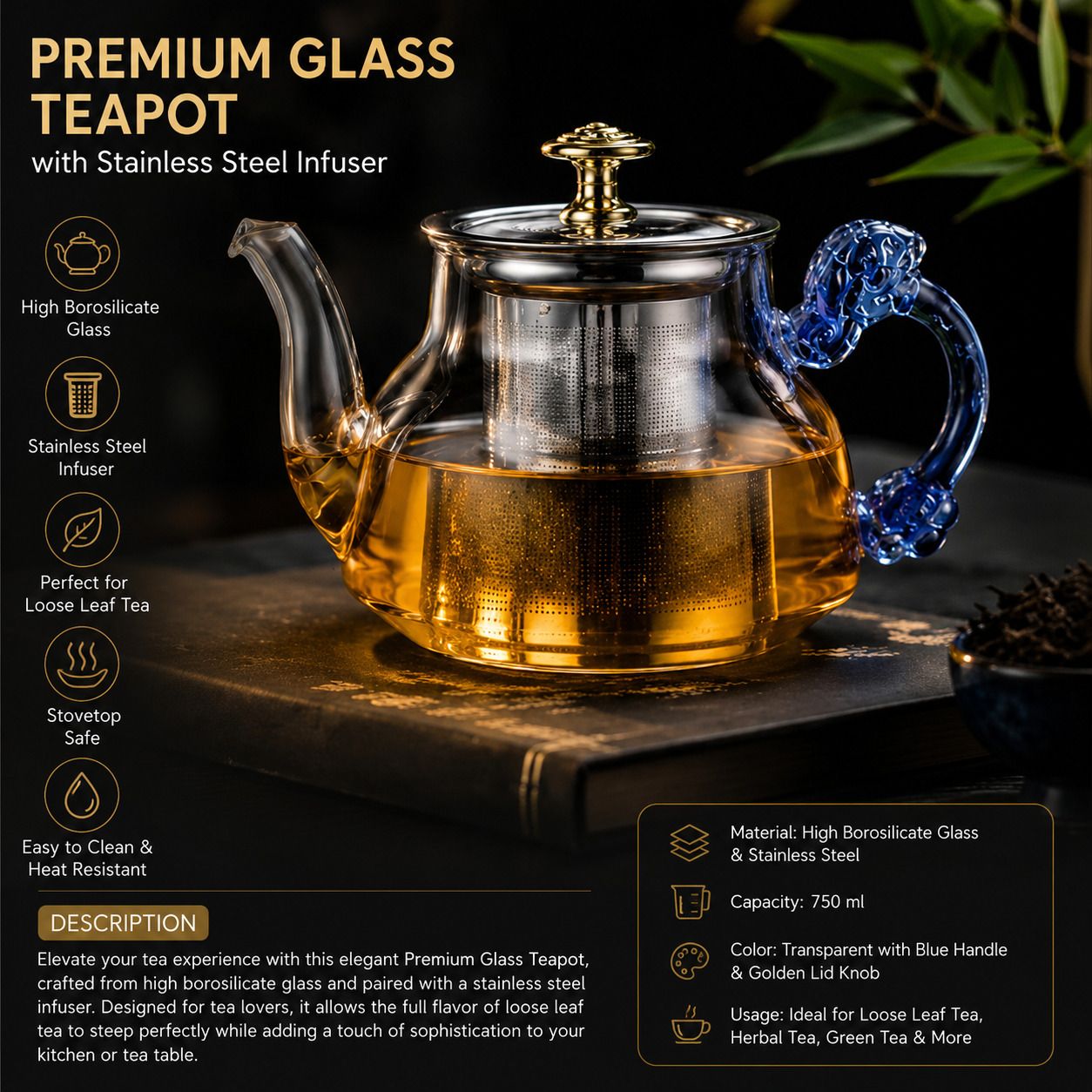 mori ltd Luxury Transparent Glass Teapot with Stainless Steel Strainer and Golden Lid Tea Urn-picture-35