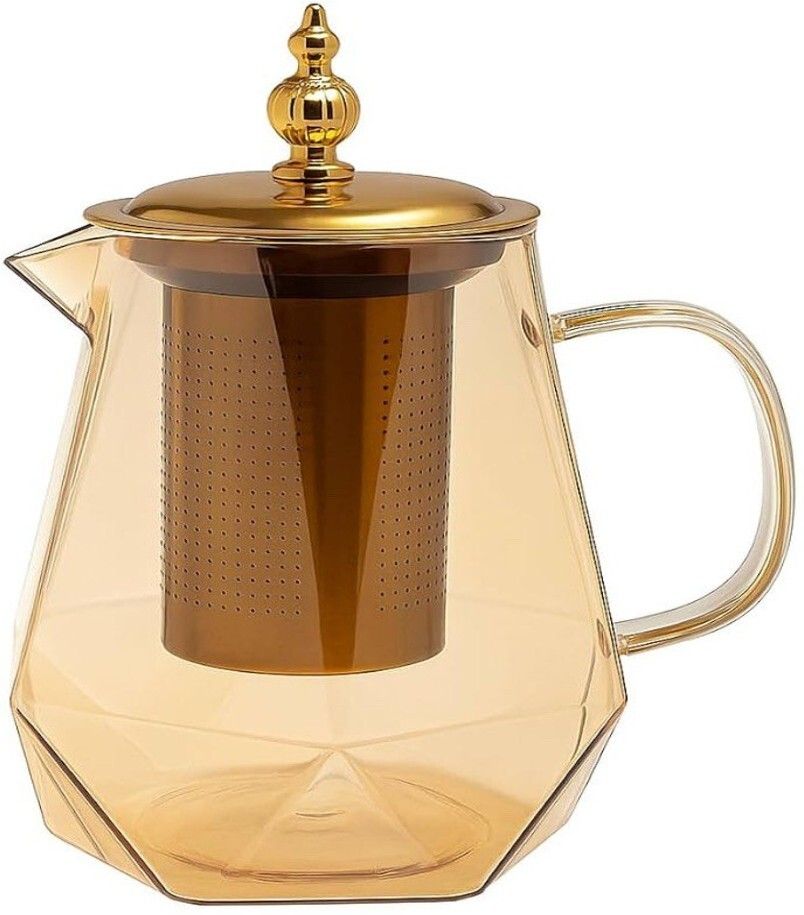 1ltr Glass Teapot with Stainless Steel Infuser & Golden Lid Tea Urn