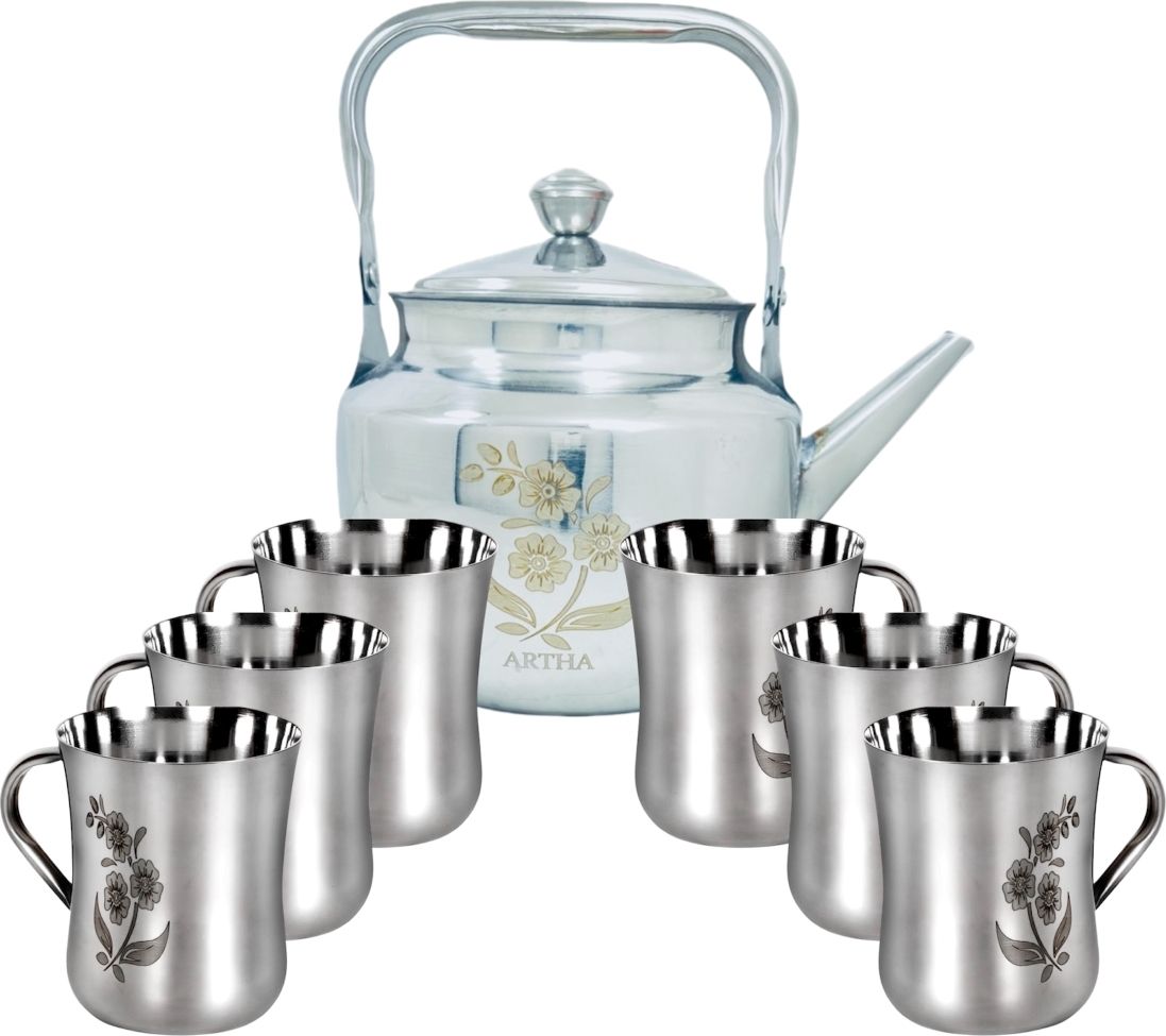 Pack Of 7 Stainless Steel Mirror Polished and Laser Printed Kettle With 6 Cups Tea Urn-image-35