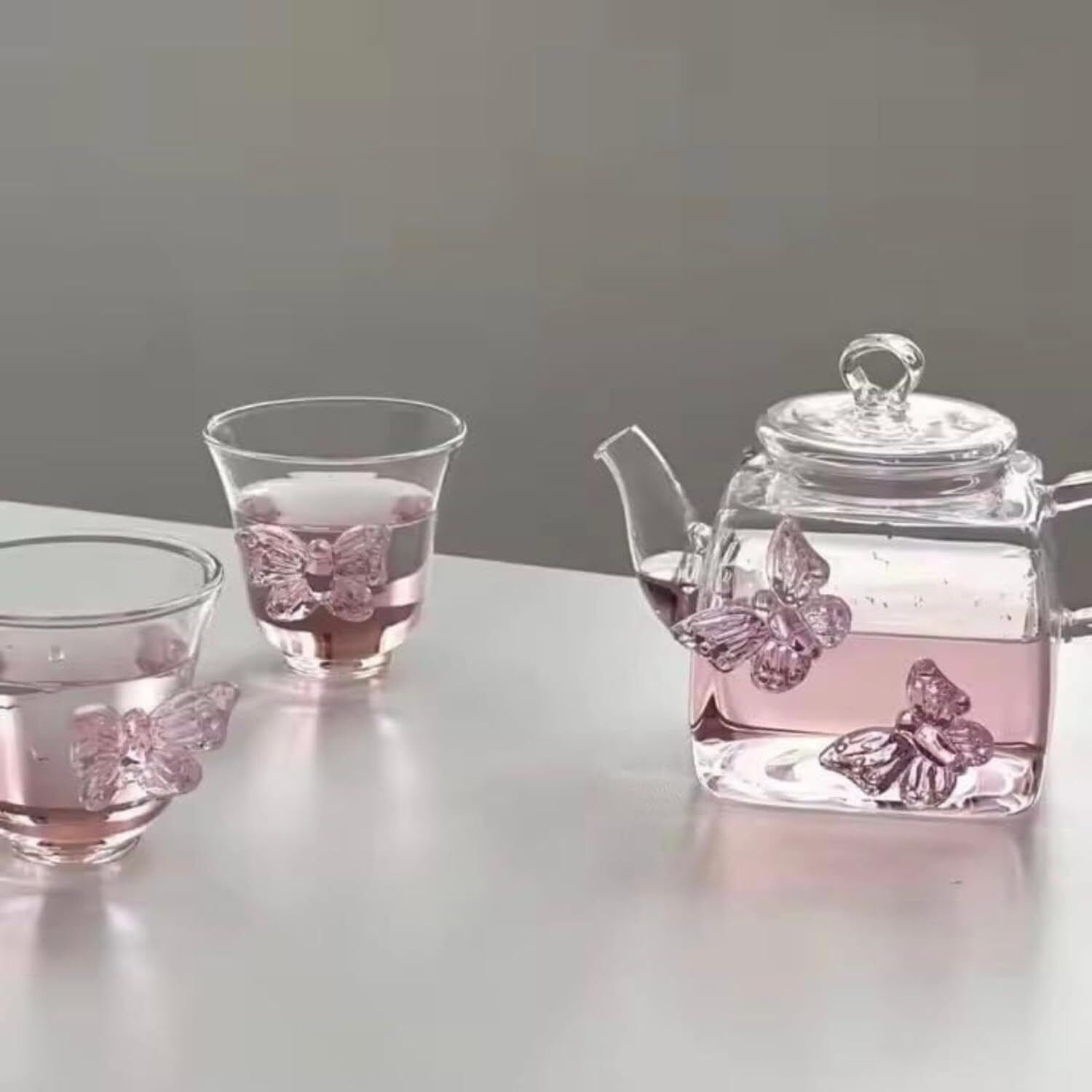 grebwe Butterfly Embossed Borosilicate Glass Teapot Set with 2 Cups Tea Urn-picture-17
