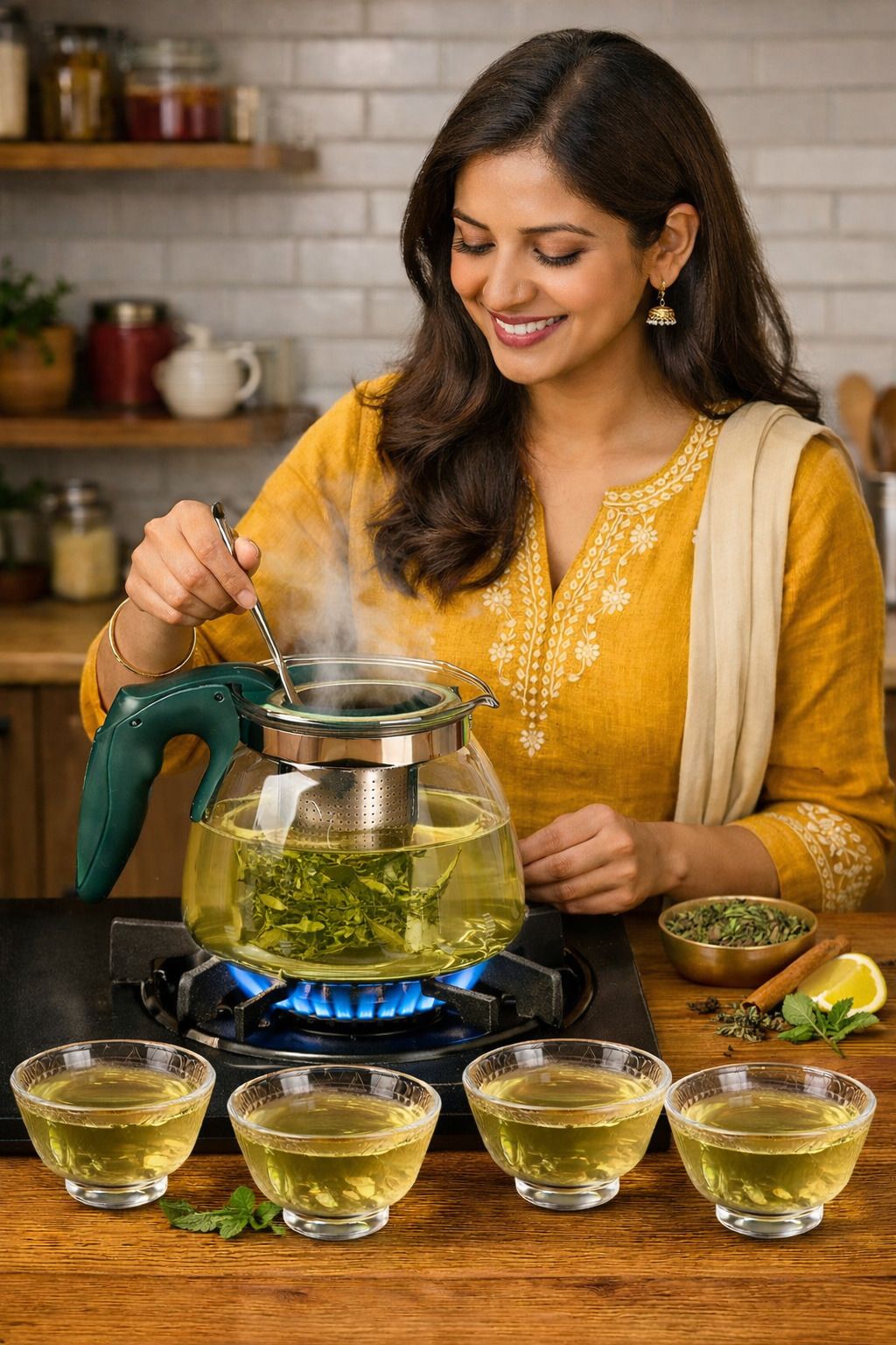 Elegant Serving Tea Pot Set with matching 4pcs cup set for Herbal & Green Tea Tea Urn-image-6