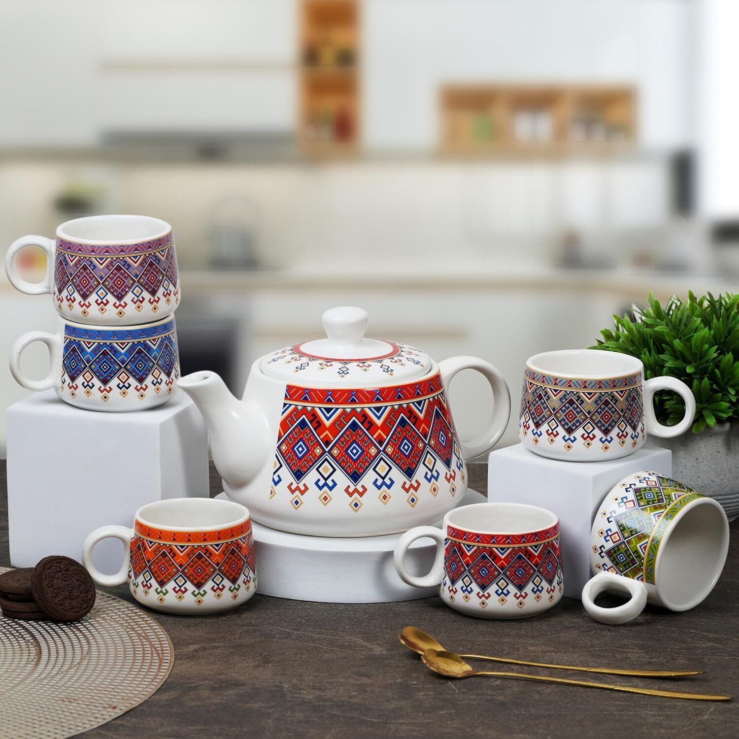 Ceramic Tea Set with Kettle 6 Tea Cups & 1 Kettle |Microwave and Dishwasher Safe Tea Urn