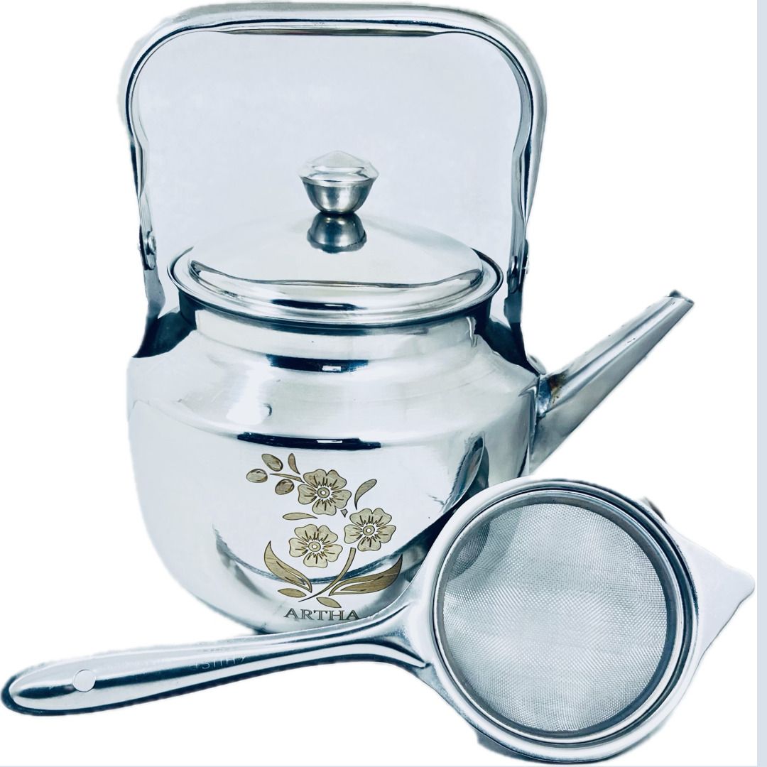 S.S Laser Printed Tea Kettle 1 Ltr With Tea Strainer Best Grade Steel Tea Urn