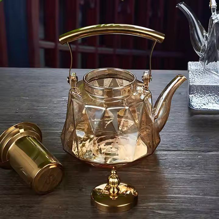 High Borosilicate Glass Teapot 1000ml Diamond Cut with Copper Handle Tea Urn-image-22