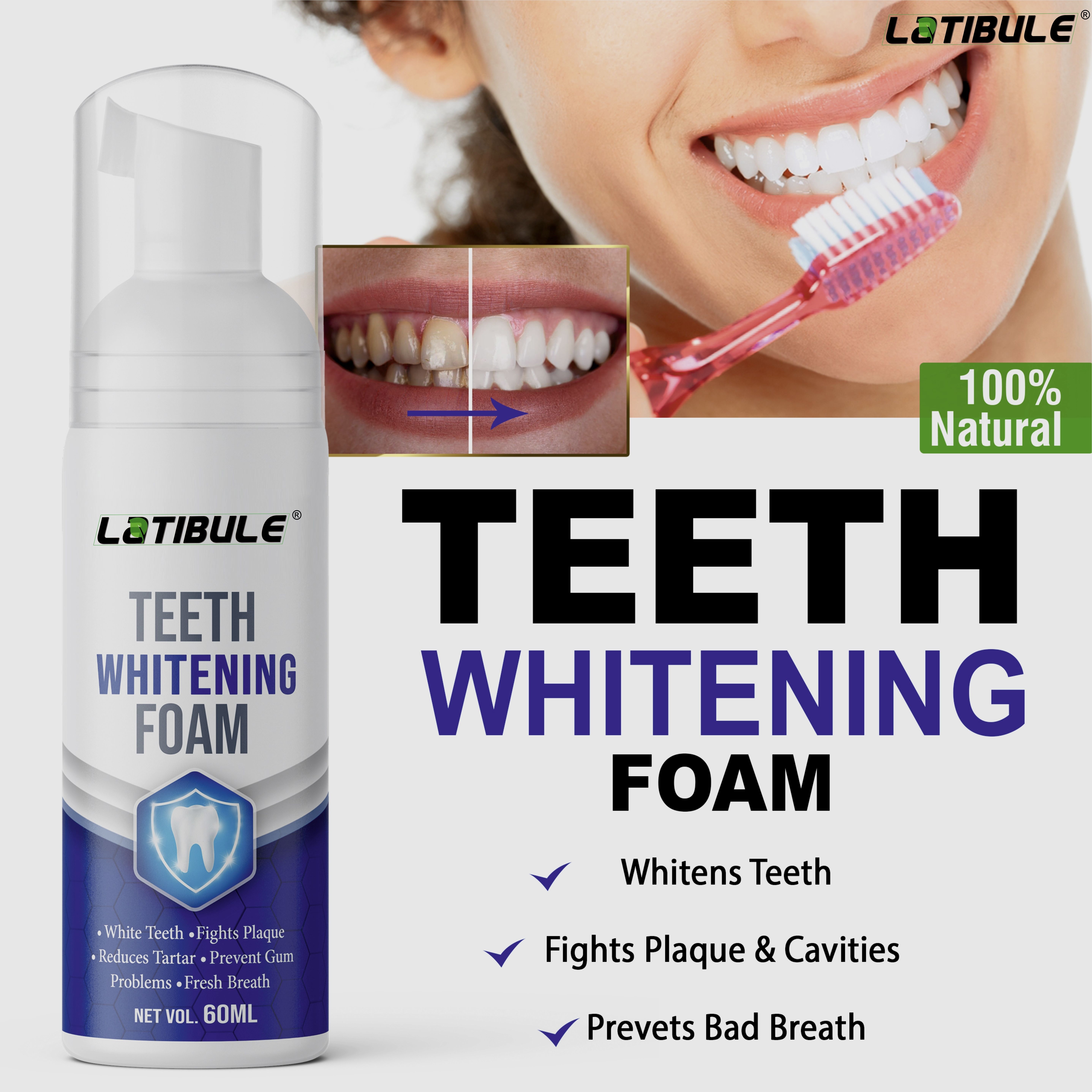 latibule Teeth Whitening Foam For Fresh Breath and Remove Stains - Fresh Mint Teeth Whitening Kit-picture-11