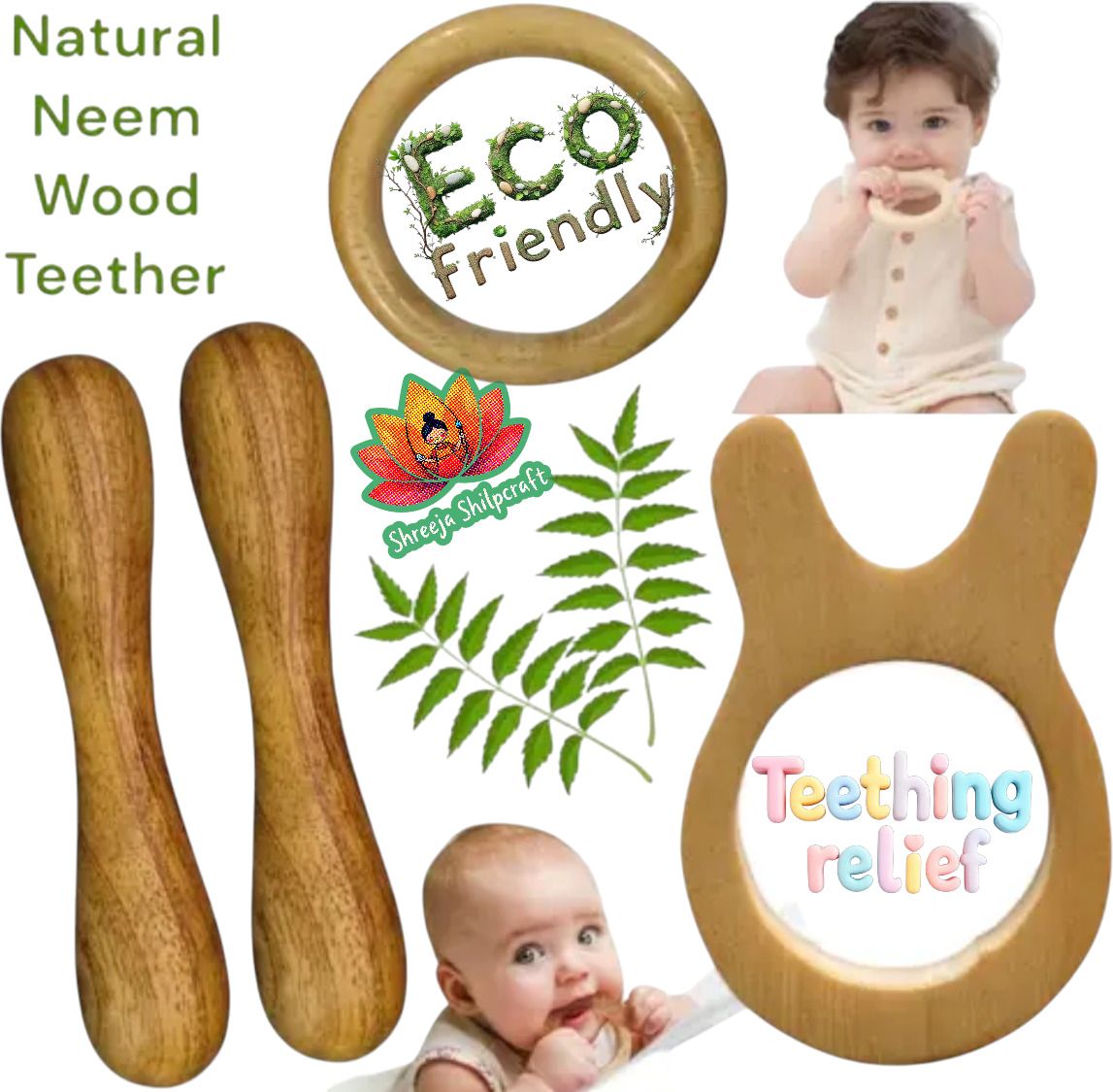 Neem Wood Baby Teethers Set of 5 | Anti-Fungal, BPA Free Teething Toys Feeder-image-19