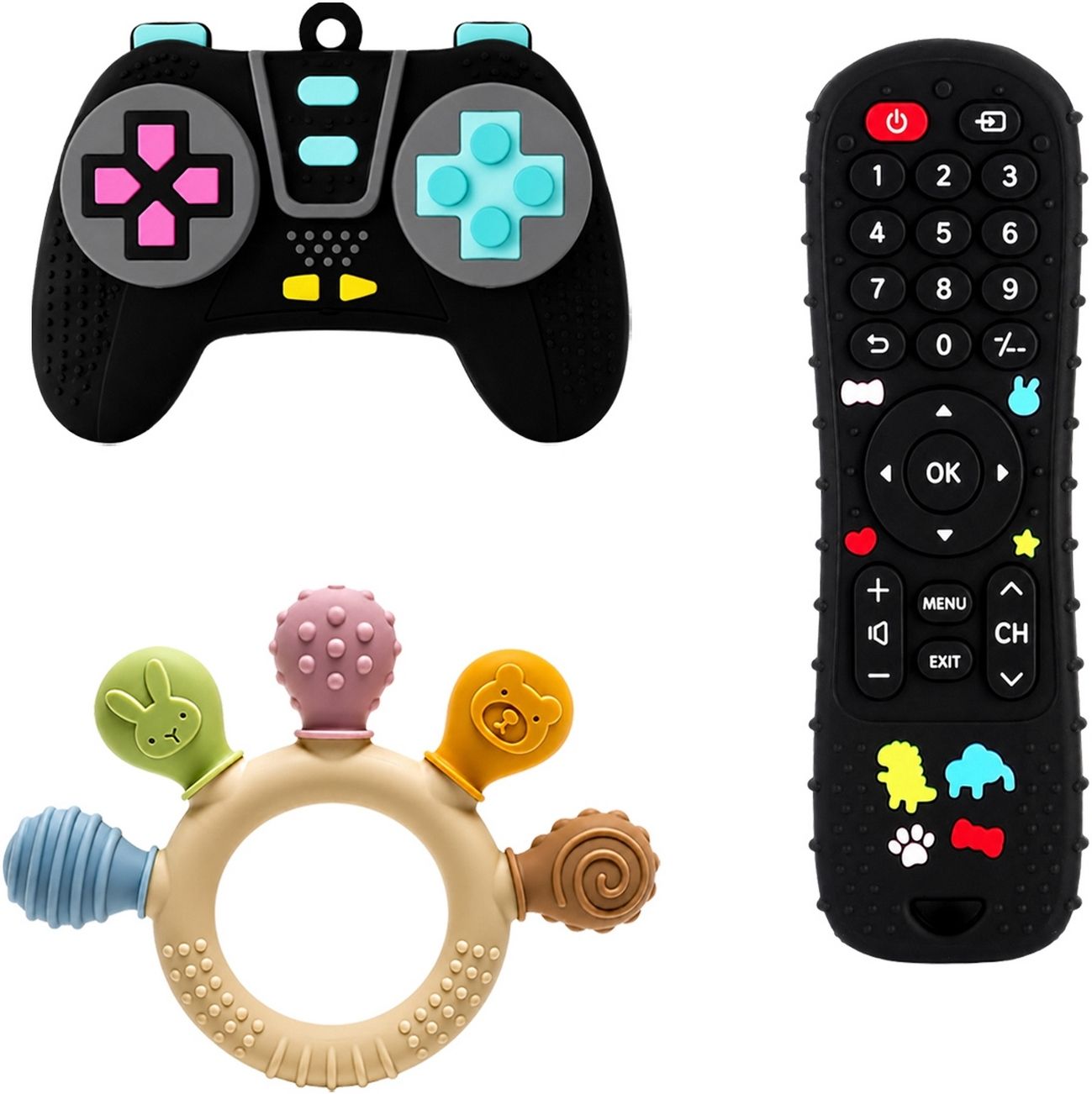 Pack of 3 Silicone Baby Teether Remote Gamepad Ring Shape Gum Massager Set Teether-image-48