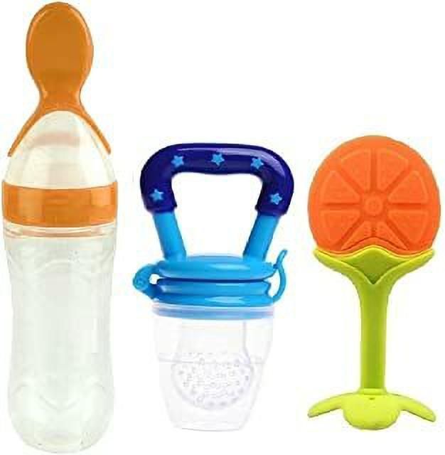Silicone Fruit Teether & Food Nibbler & Spoon Bottle (Multicolor) (Pack of 3) Teether and Feeder-image-0