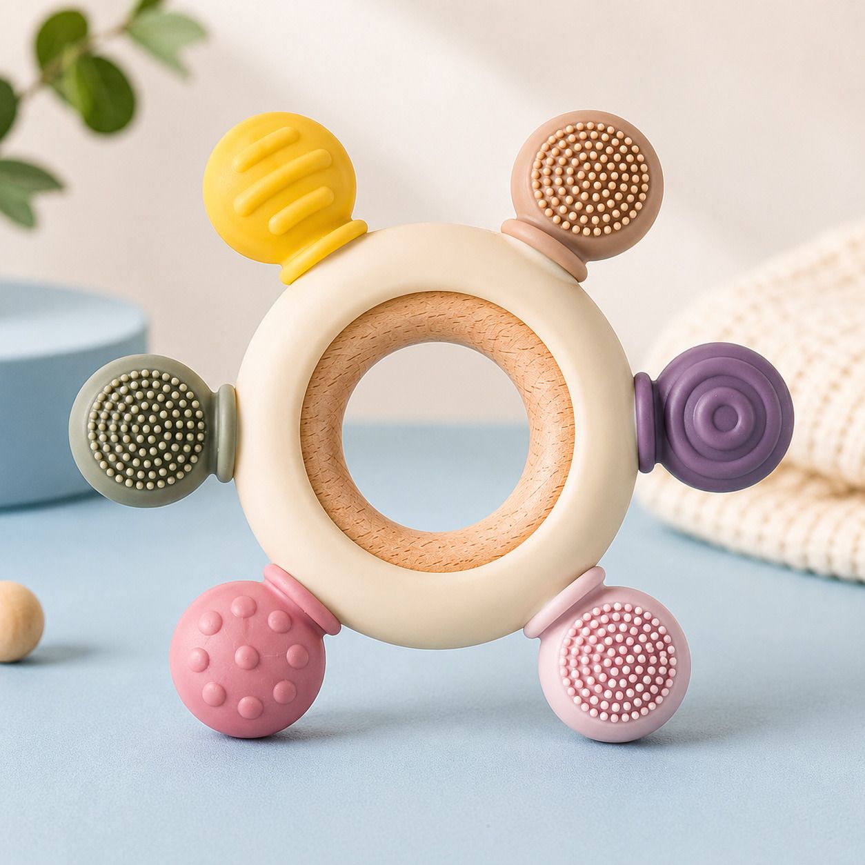 homentra Baby Silicone Teether Ring with Wooden Grip, Sensory Chew Toy for Infants Teether-picture-1