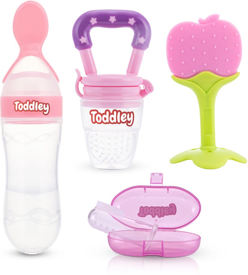 4in1 Baby Combo Set– Baby Tongue Cleaner Finger Brush,Food Fruit Nibbler ,Baby Teether and Feeder