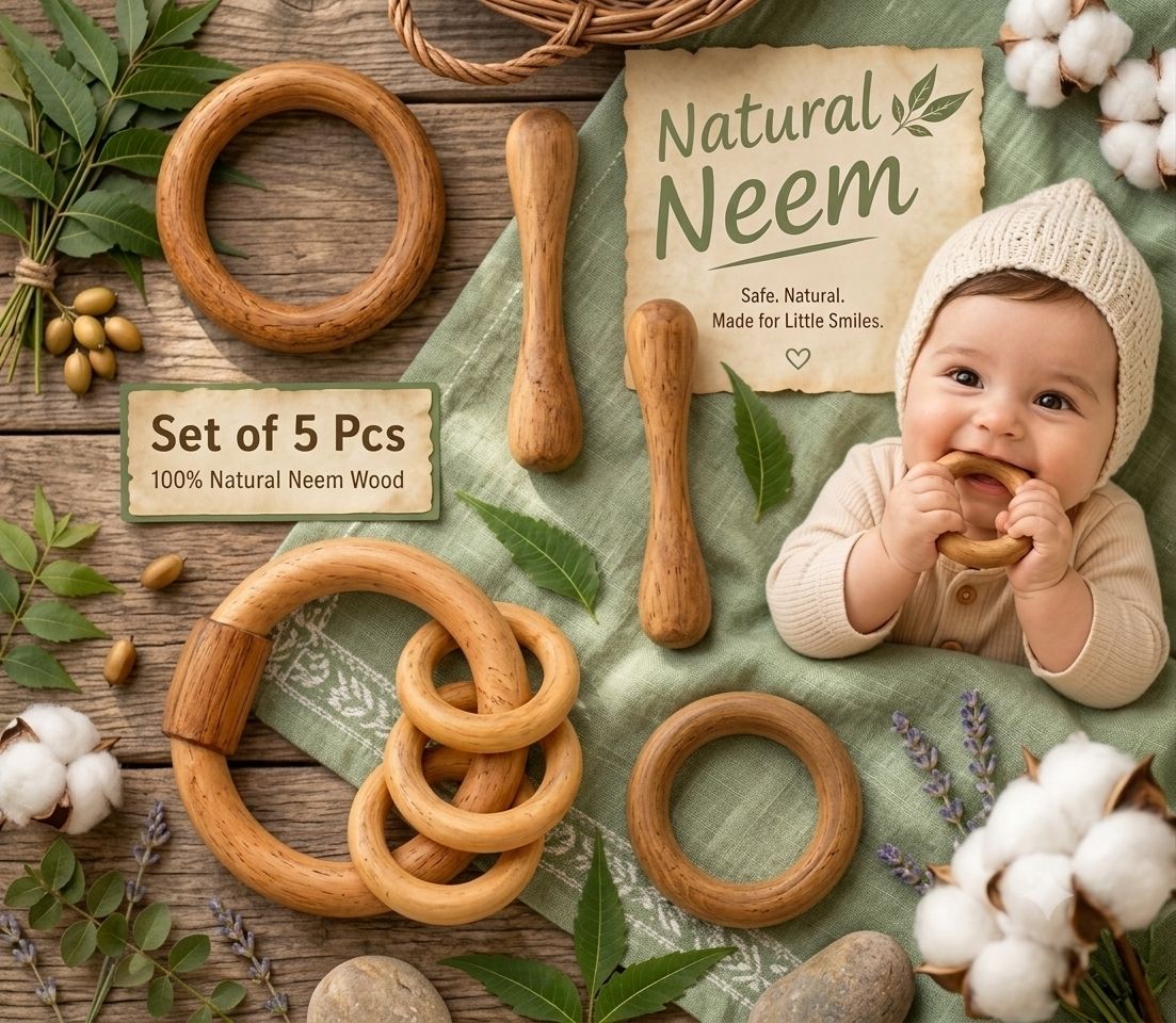 rana creation mart Wooden neem teether pack of 5 for kids Teether and Feeder-picture-11