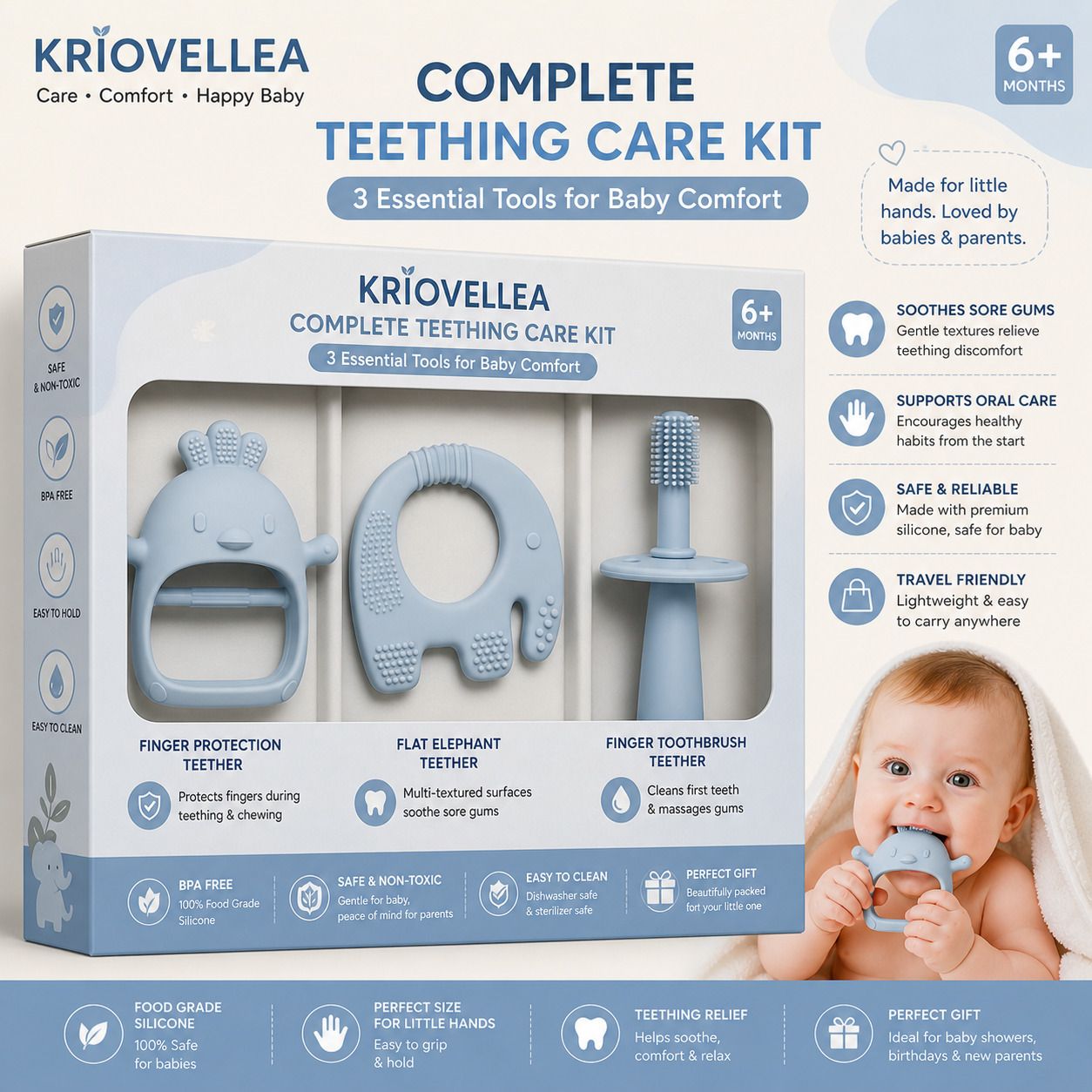 kriovellea Baby Silicone Teething Kit 3pcs BPA Free Teether Combo for 6+ Months Teether-picture-26