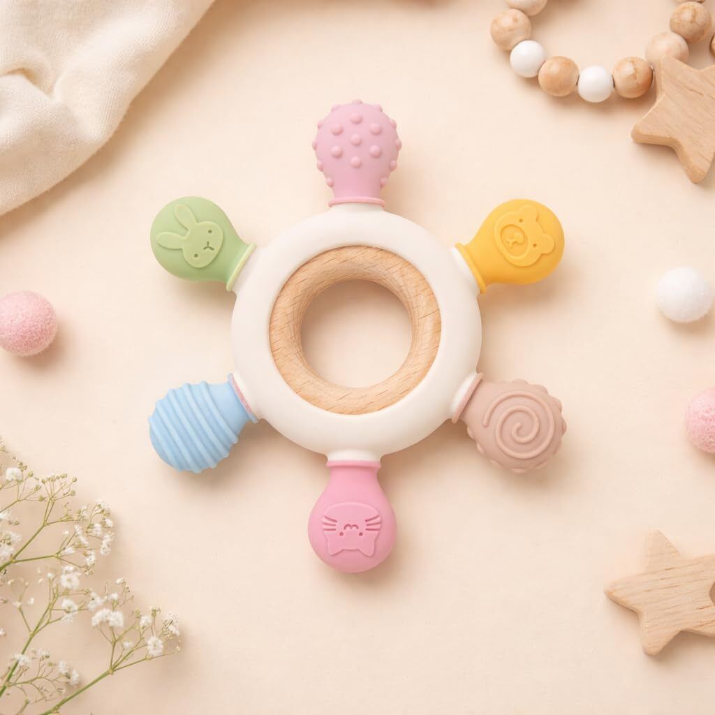Wooden & Silicone Baby Teether Ring – Soft Multi-Texture Teething Toy for Infant Teether-image-10