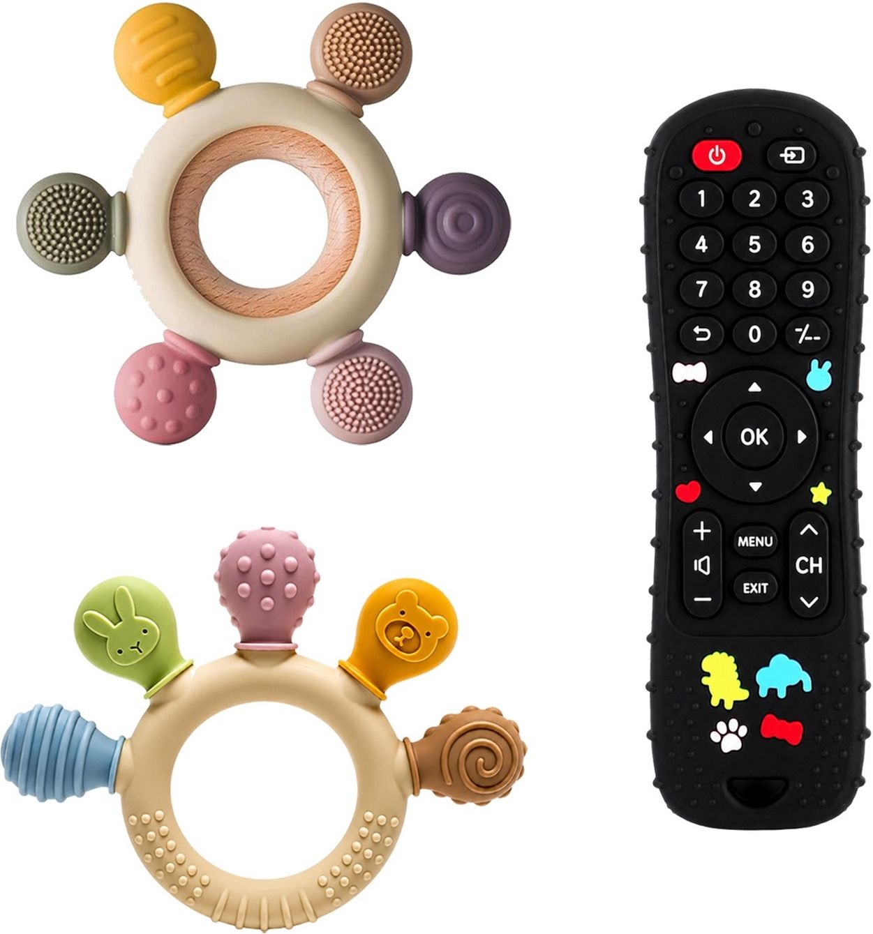 oridor 3 Pcs Baby Teether Combo Remote Wooden Ring Multi Texture Chew Toy Set Teether-picture-14