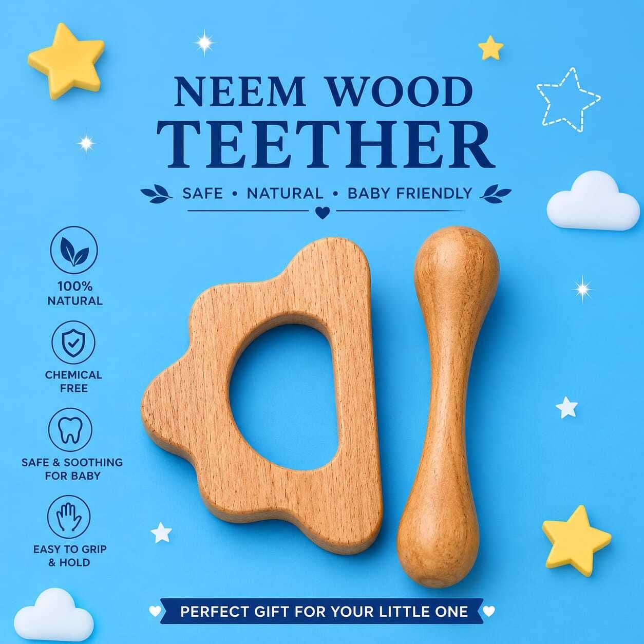 Pure Neem Wood Infant Teether Safe Handmade Wooden Toy Rattle-image-38