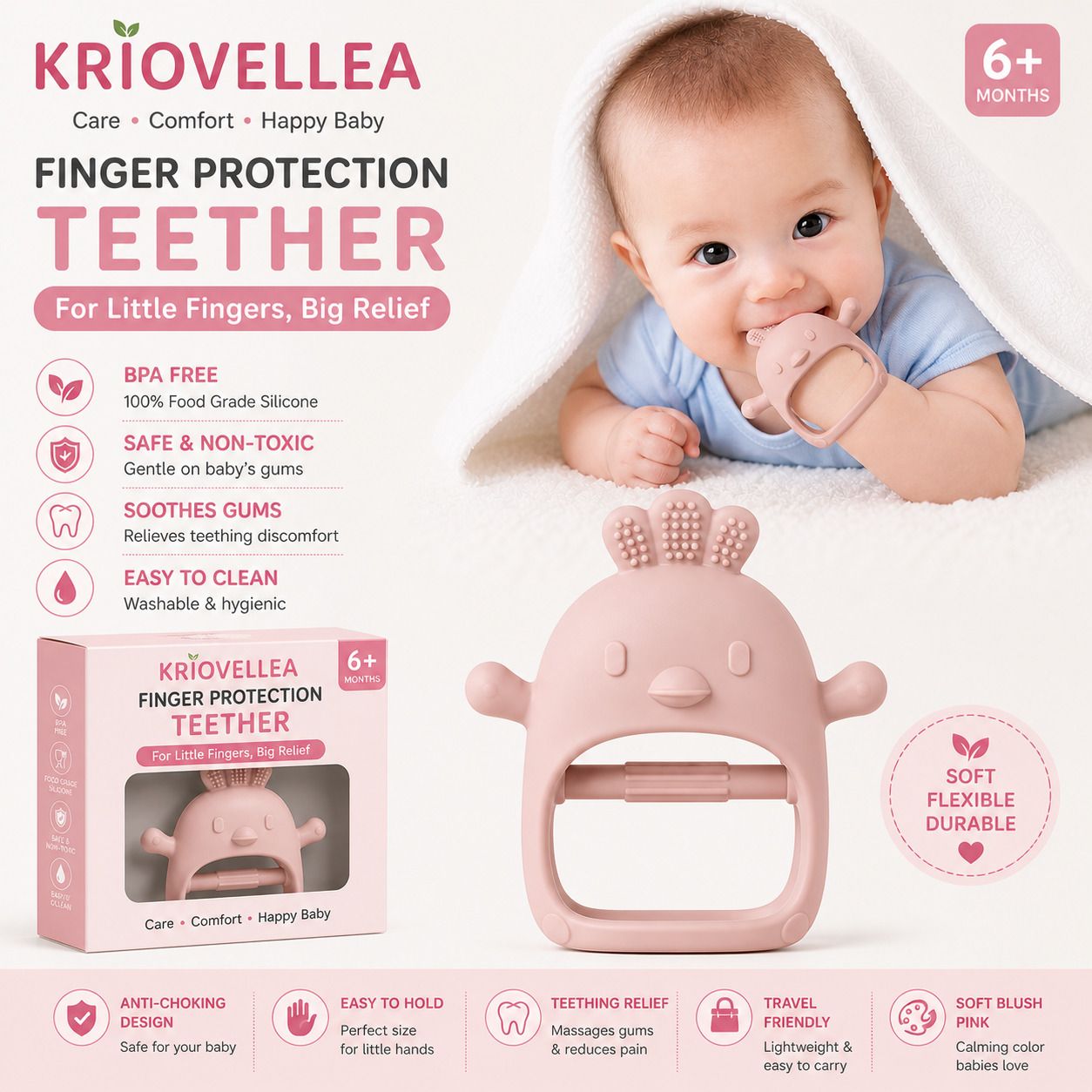 kriovellea Baby Teether Set 1PC | Silicone Finger Protection BPA Free 6+ Months Teether-picture-22