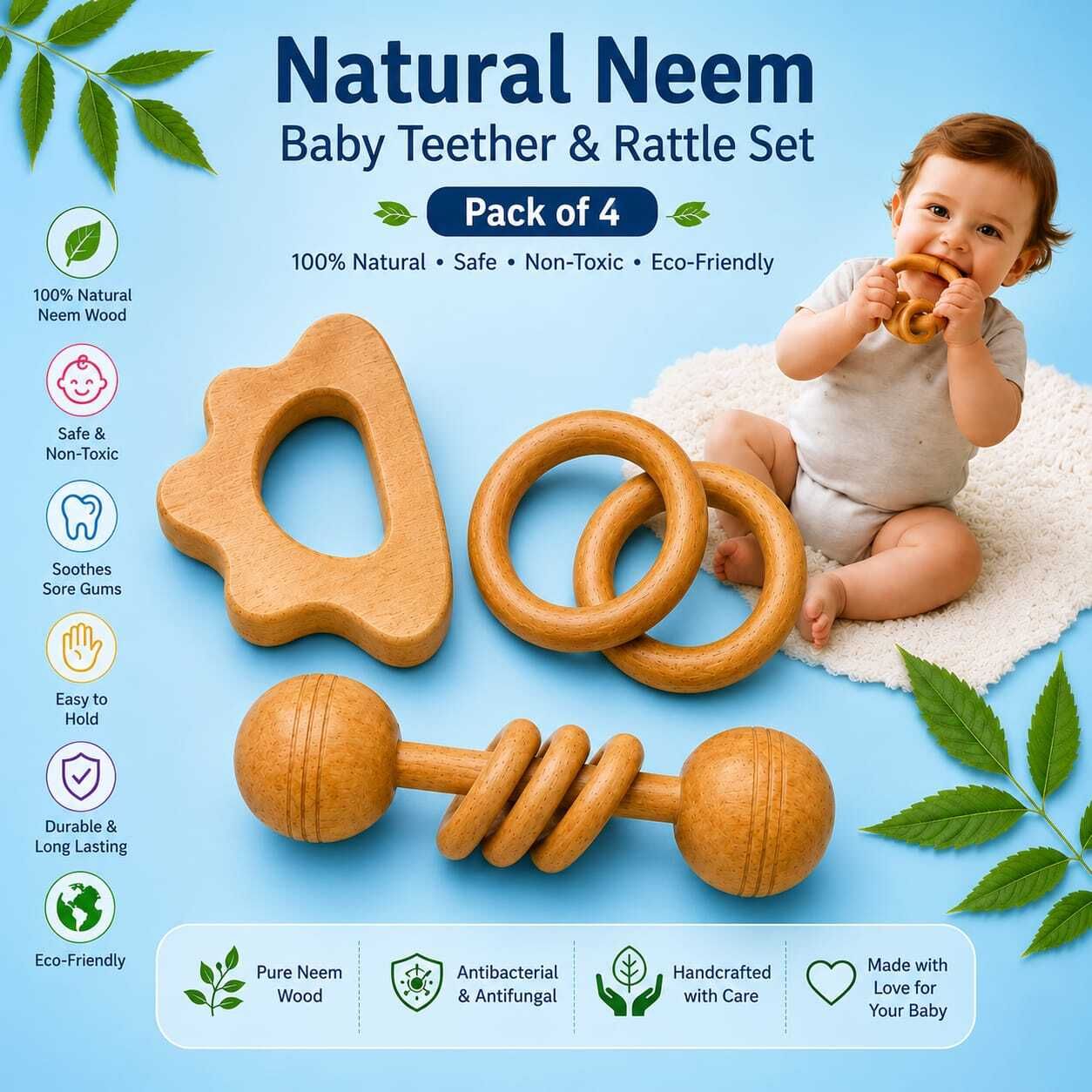 shree blessings Neem Wood Teether Set of 4 for baby Antibacterial Teether-picture-13