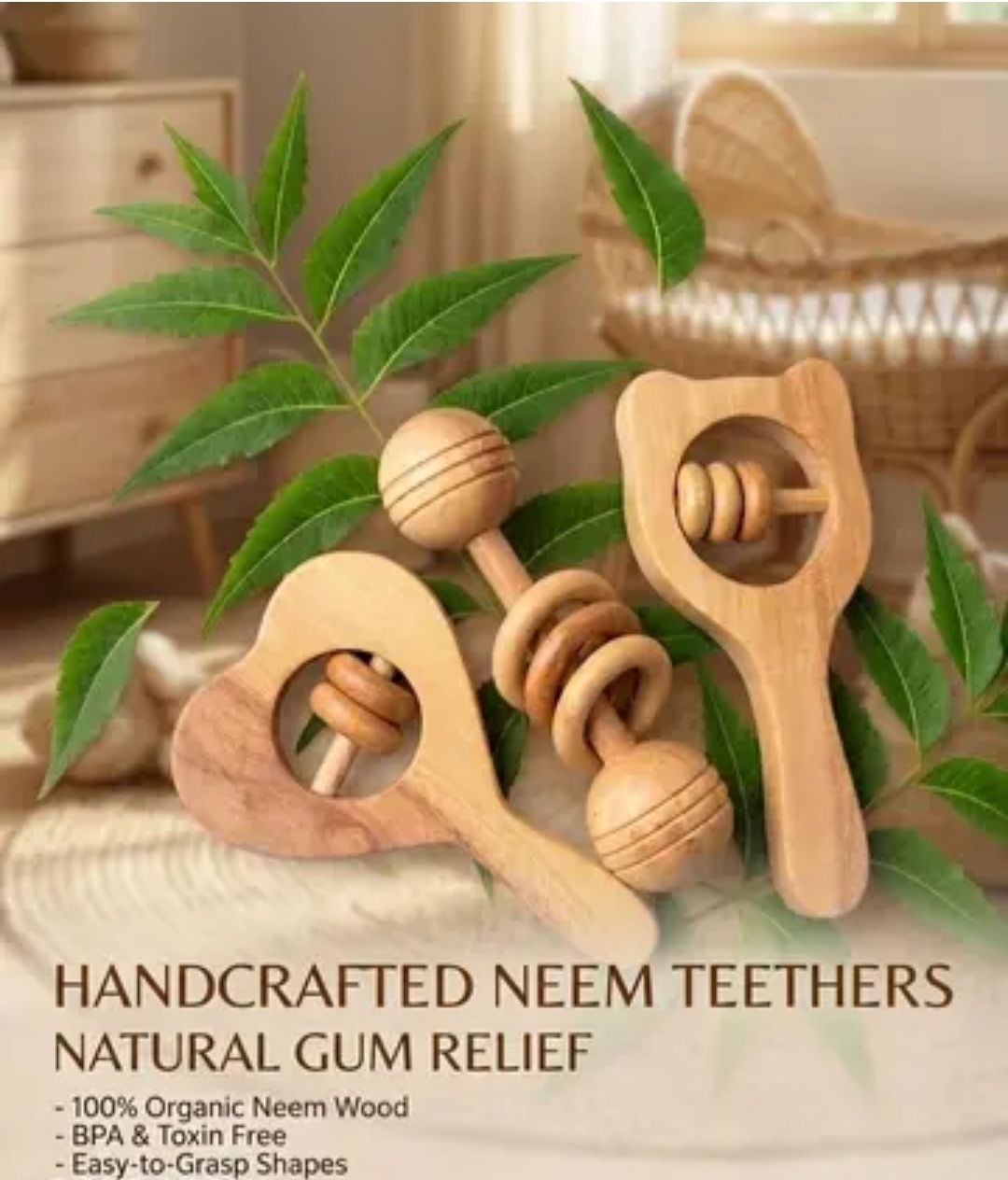 rana creation mart Pure neem wood teether rattles for kids pack of 3 Teether-picture-34