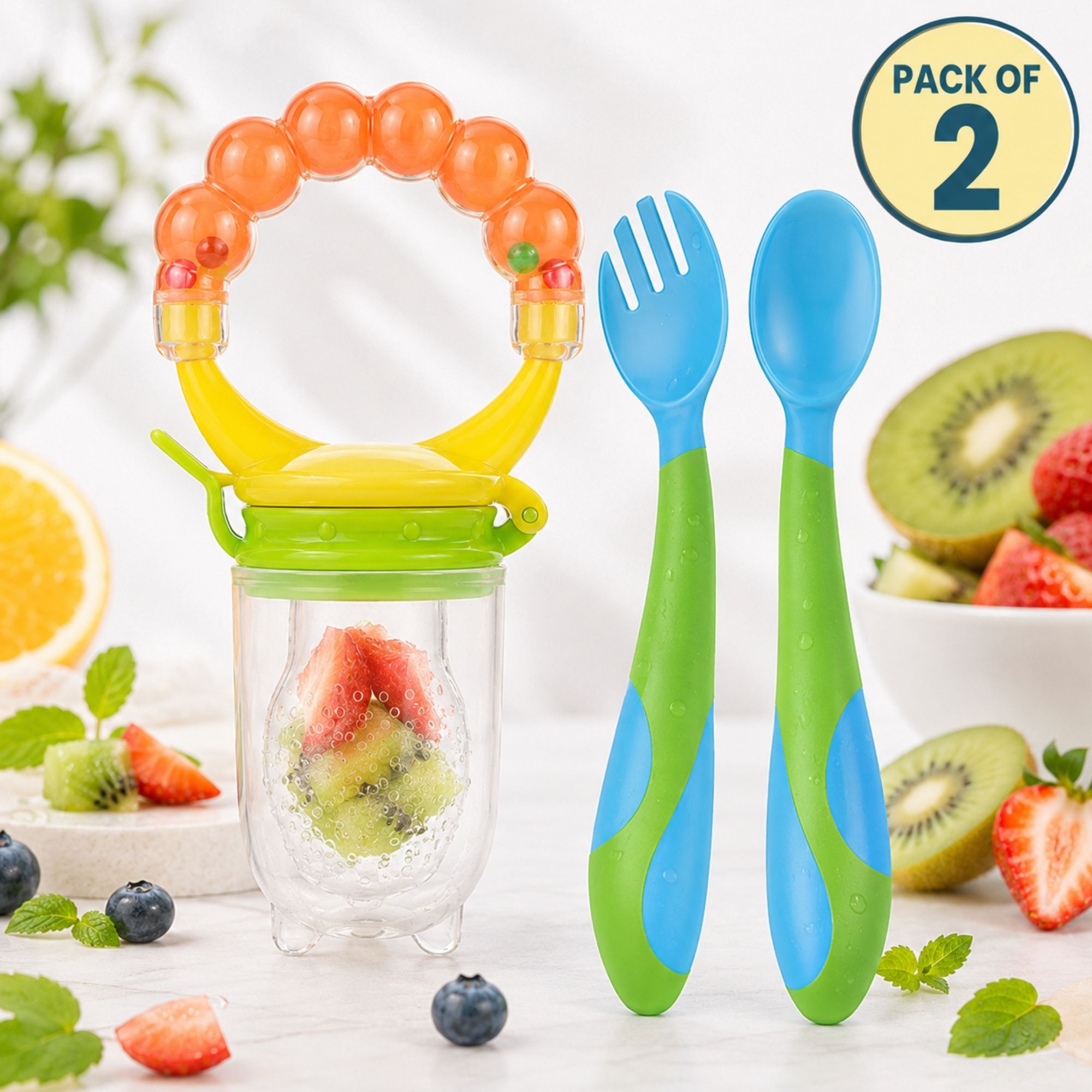 bembika Baby Fruits & Food Feeder with Spoon & Fork Set Self Feeding Nibbler for Infants Feeder-picture-31