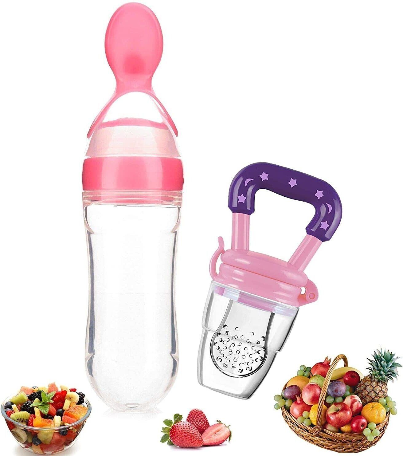 Baby Safe Silicone Squeeze Fresh Food Feeder Bottle with Food Dispensing Spoon, Infant Food Nibbler Teething Toy Feeding Pacifier, Combo Pack of 2 Teether and Feeder