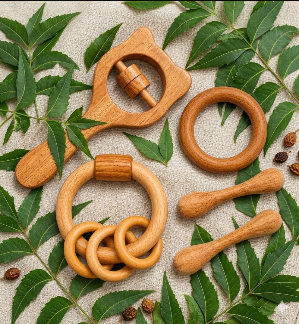 rana creation mart Pure neem wood micky ring rattle ring dumble combo pack of 5 Teether-picture-23
