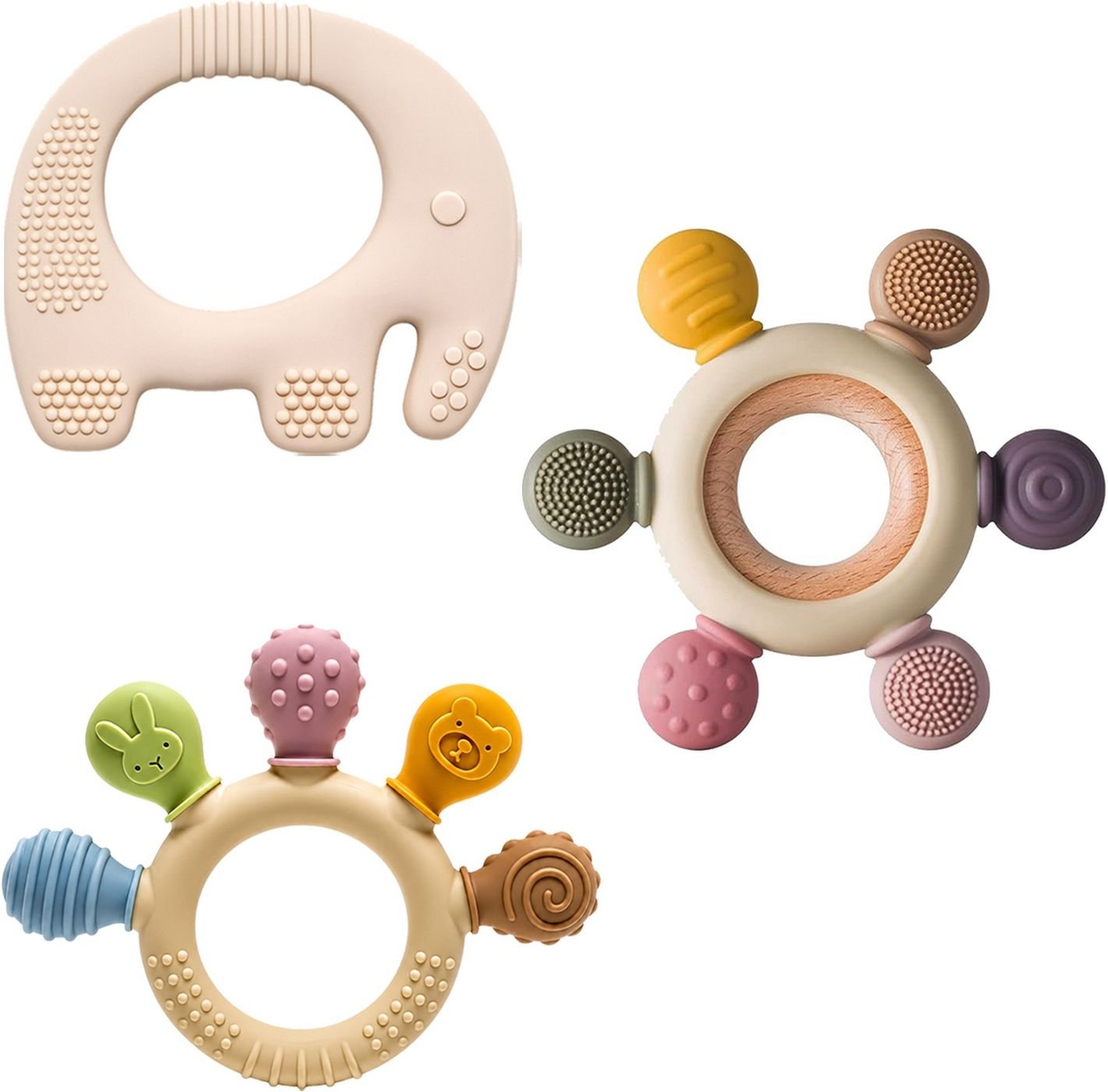 Baby Gum Massage Silicone Elephant Wooden Ring Teether Combo 3 PCS Toy Set Teether-image-14