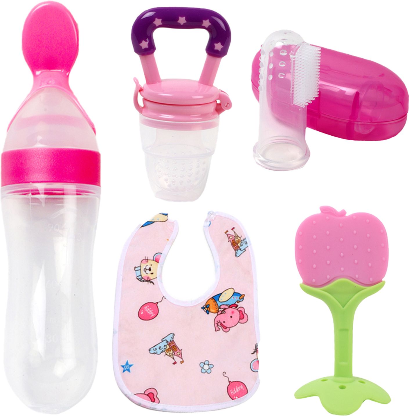Baby Spoon feeder With Nibbler, fruit teether, Fingerbrush & bib/Appron for care Teether and Feeder