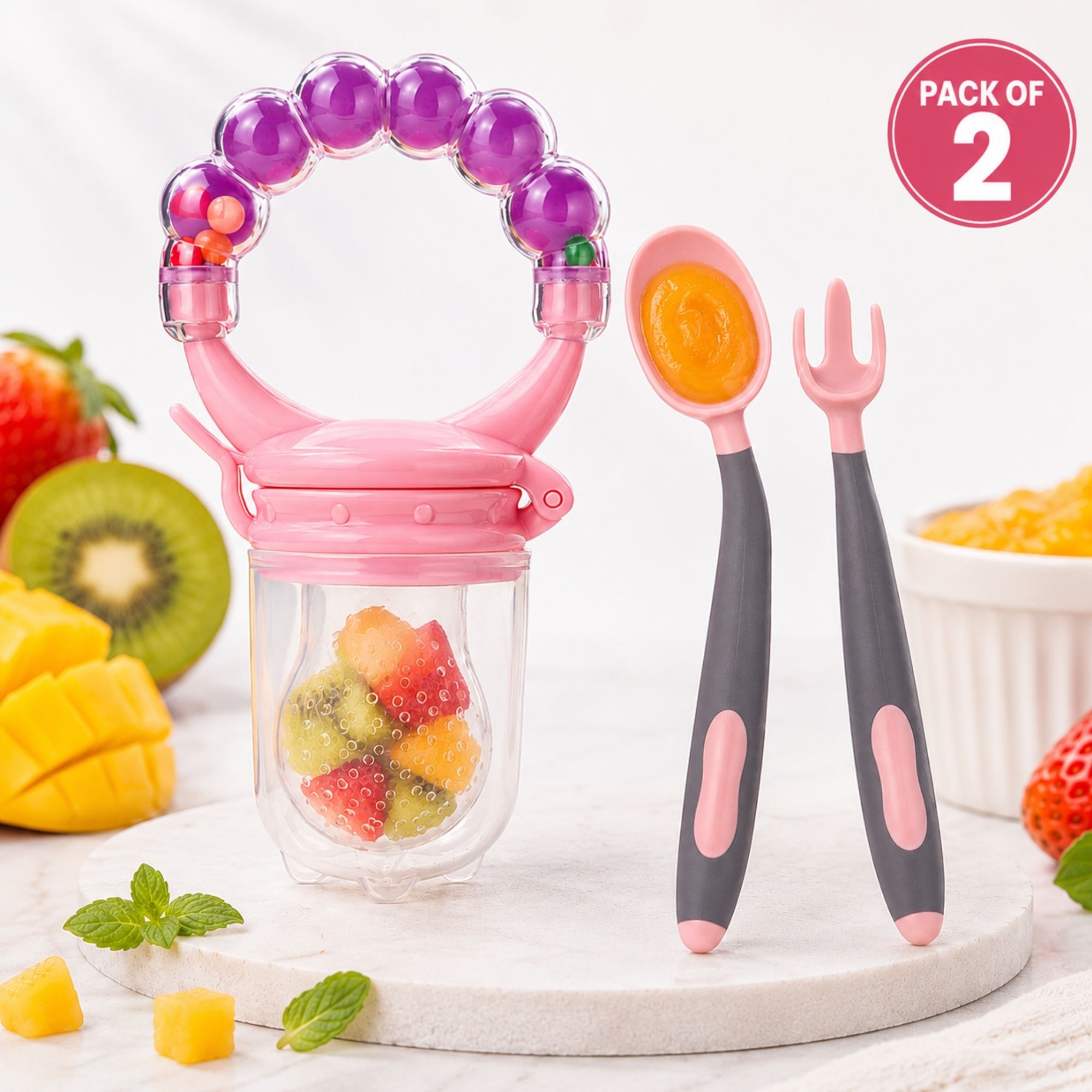 bembika Baby Fruits & Food Feeder with Spoon & Fork Set Self Feeding Nibbler for Infants Feeder-picture-27
