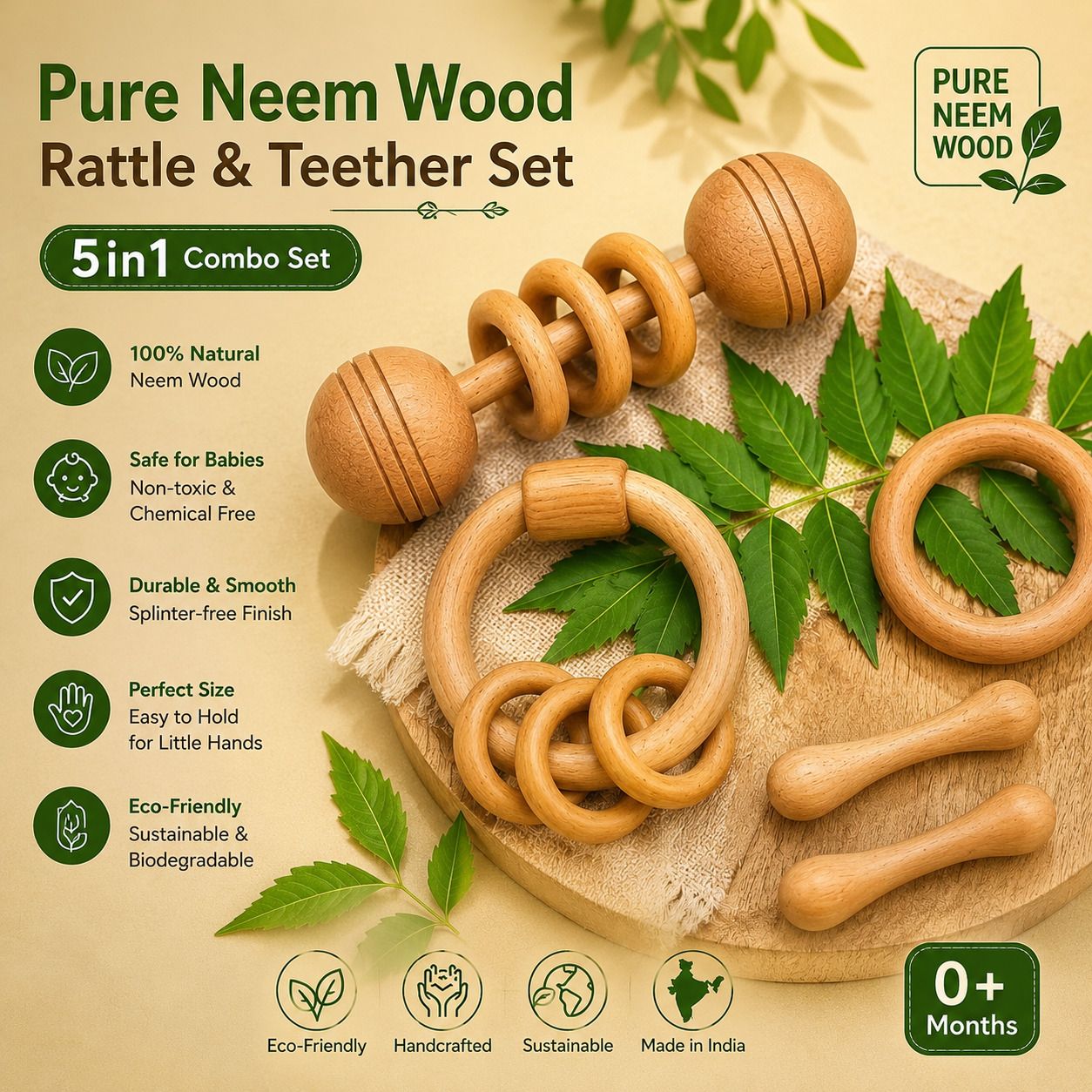 shree blessings Neem Wood Baby Teether Set of 5 Original Natural Wooden Teether cum Rattle Teether-picture-48